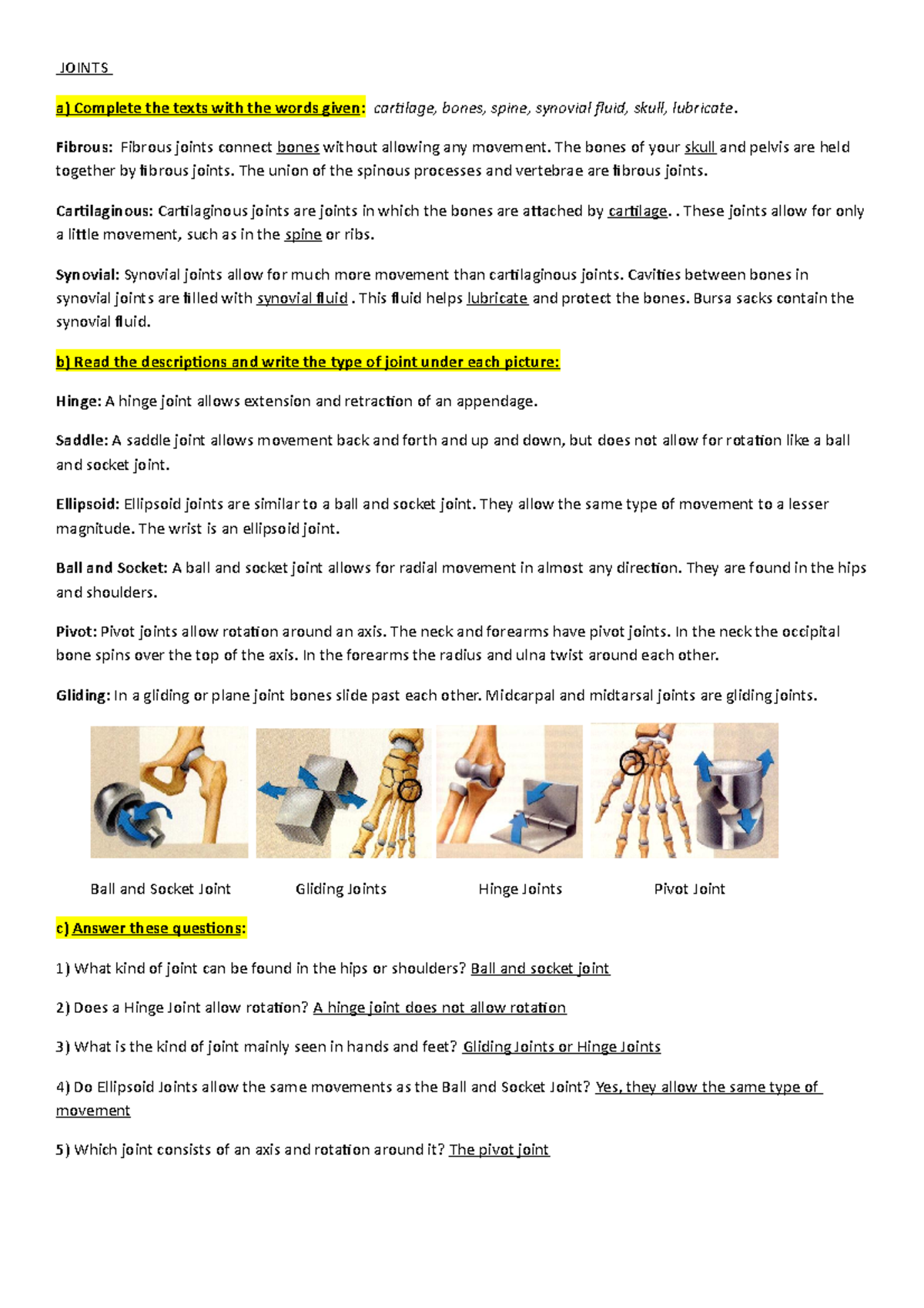 Typesof Joints WS JOINTS a) Complete the texts with the words given