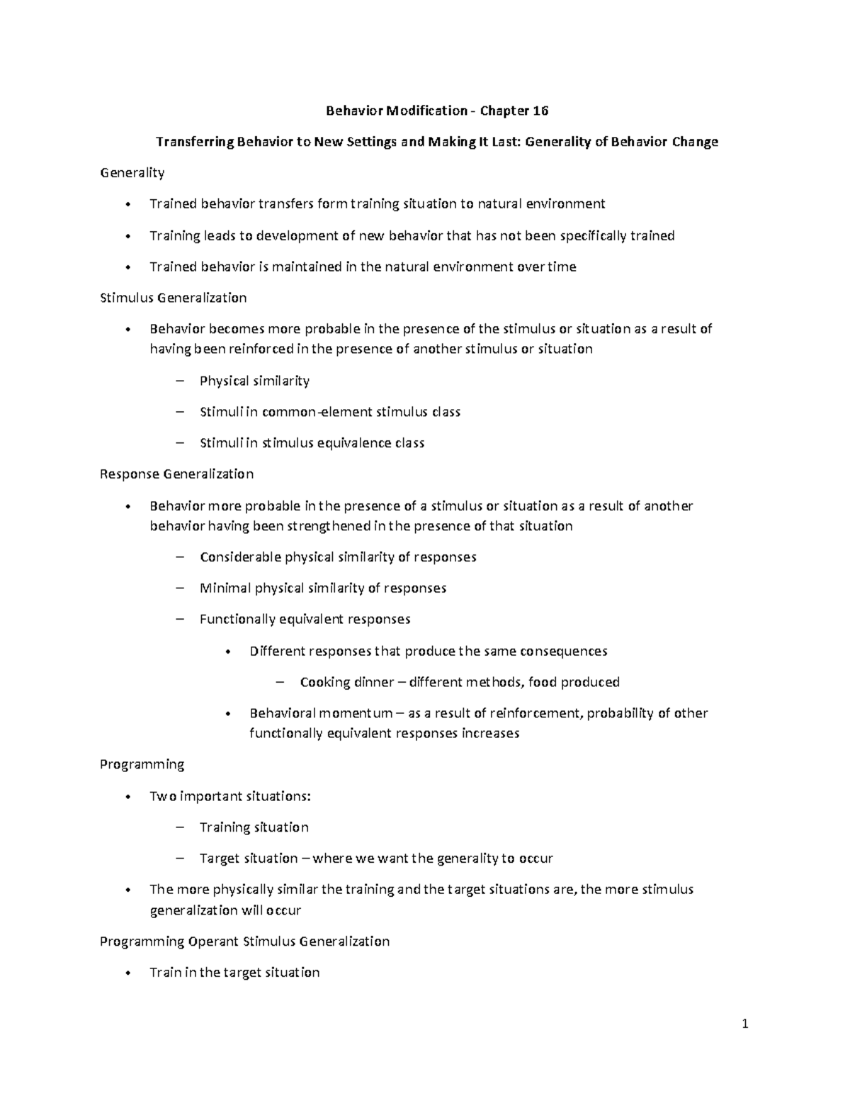 B M Chapter 16- Generality of Behavior Change - 1 Behavior Modification ...