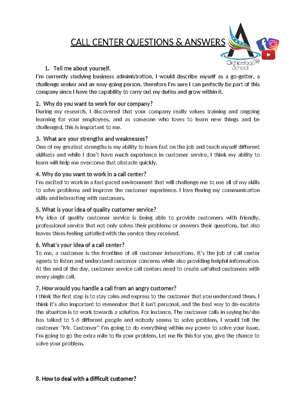 Questions & Answers CALL Center by Teacher JP 2 - CALL CENTER QUESTIONS ...