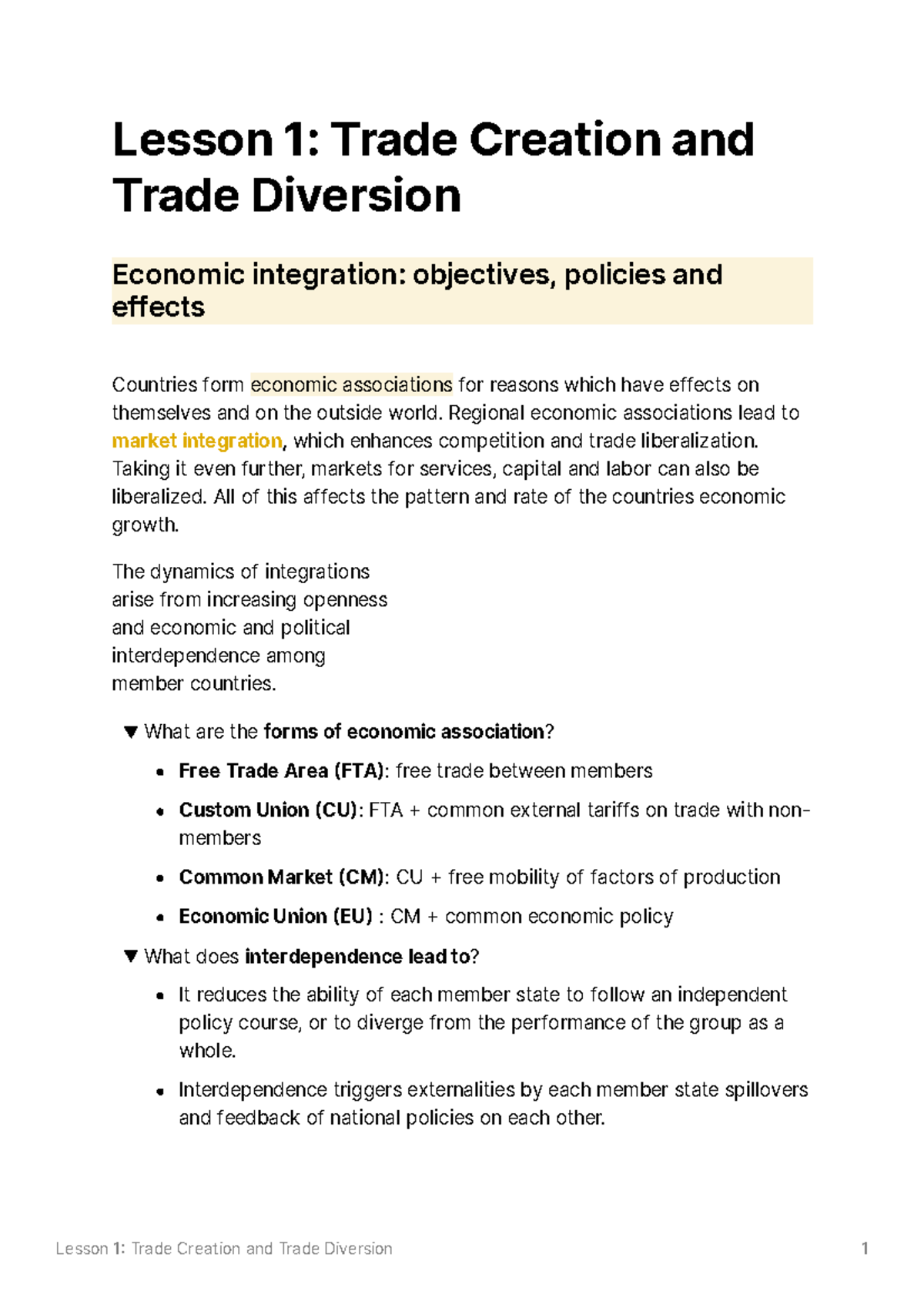 Lesson 1 Trade Creation and Trade Diversion Lesson Ԇ Trade Creation