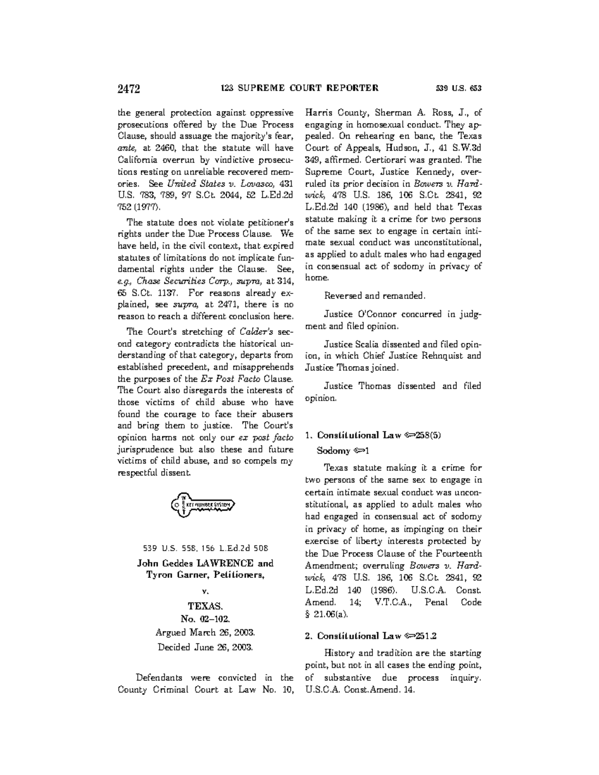 Lawrence v Texas Summary Jurisprudence I 2472 123 SUPREME COURT