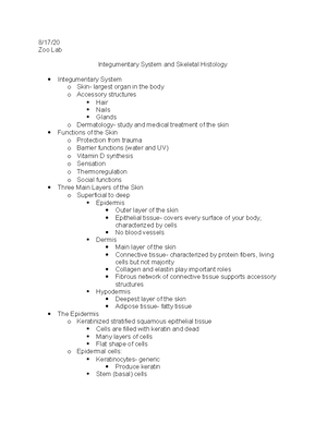 Lab 2 Notes - 8/31/ Zoology Lab Lab 2 Notes: Skeletal System (Axial ...