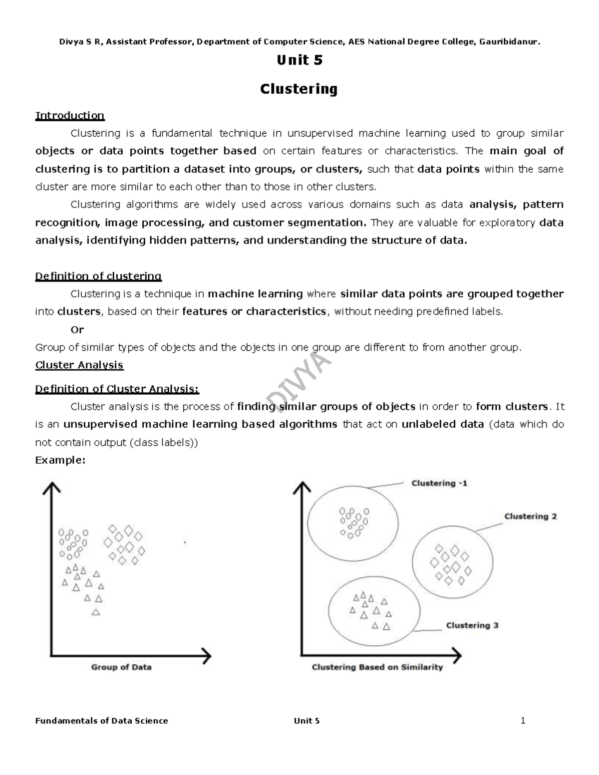 Unit 5 clustering - Good - Unit 5 Clustering Introduction Clustering is ...