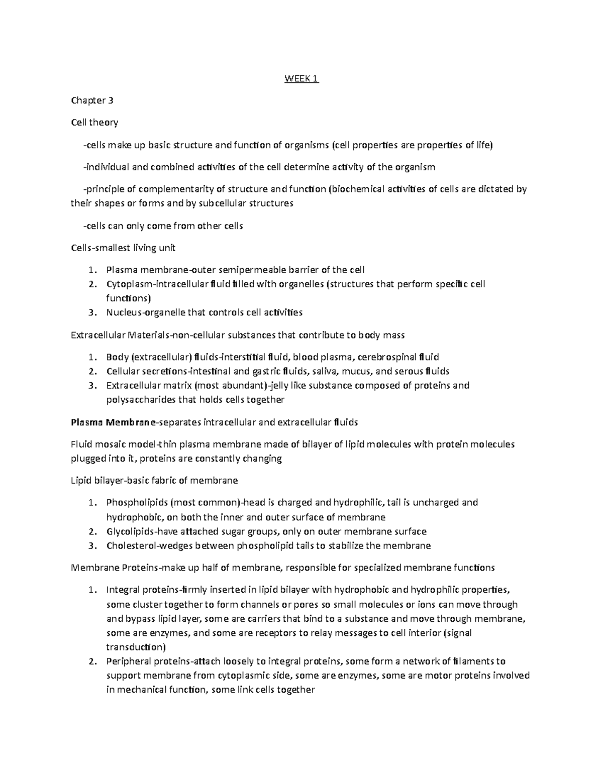 Week 1- Chapter 3 - WEEK 1 Chapter 3 Cell theory make up basic ...