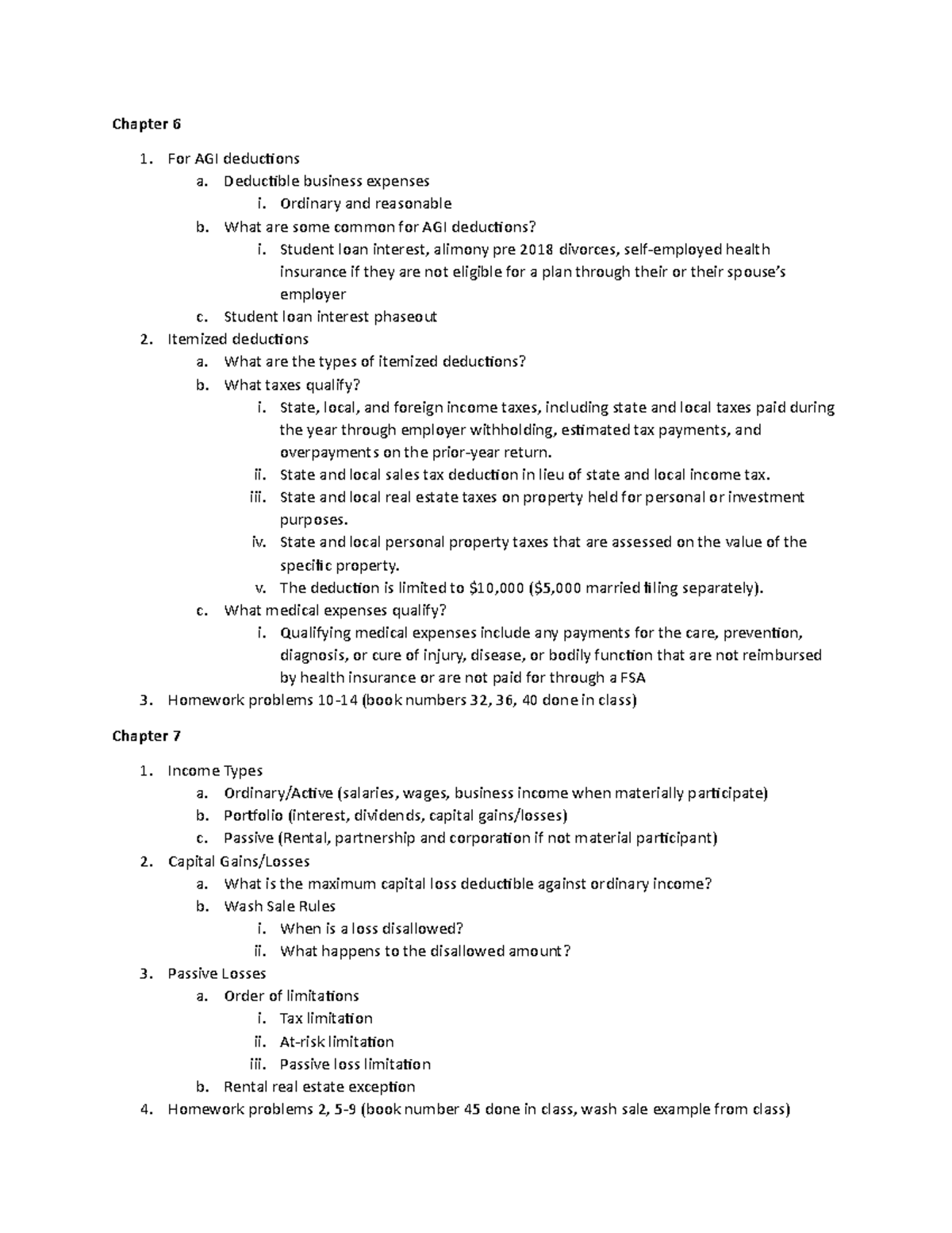 2021-10-25 Exam 2 Review - Chapter 6 For Agi Deductions A. Deductible 