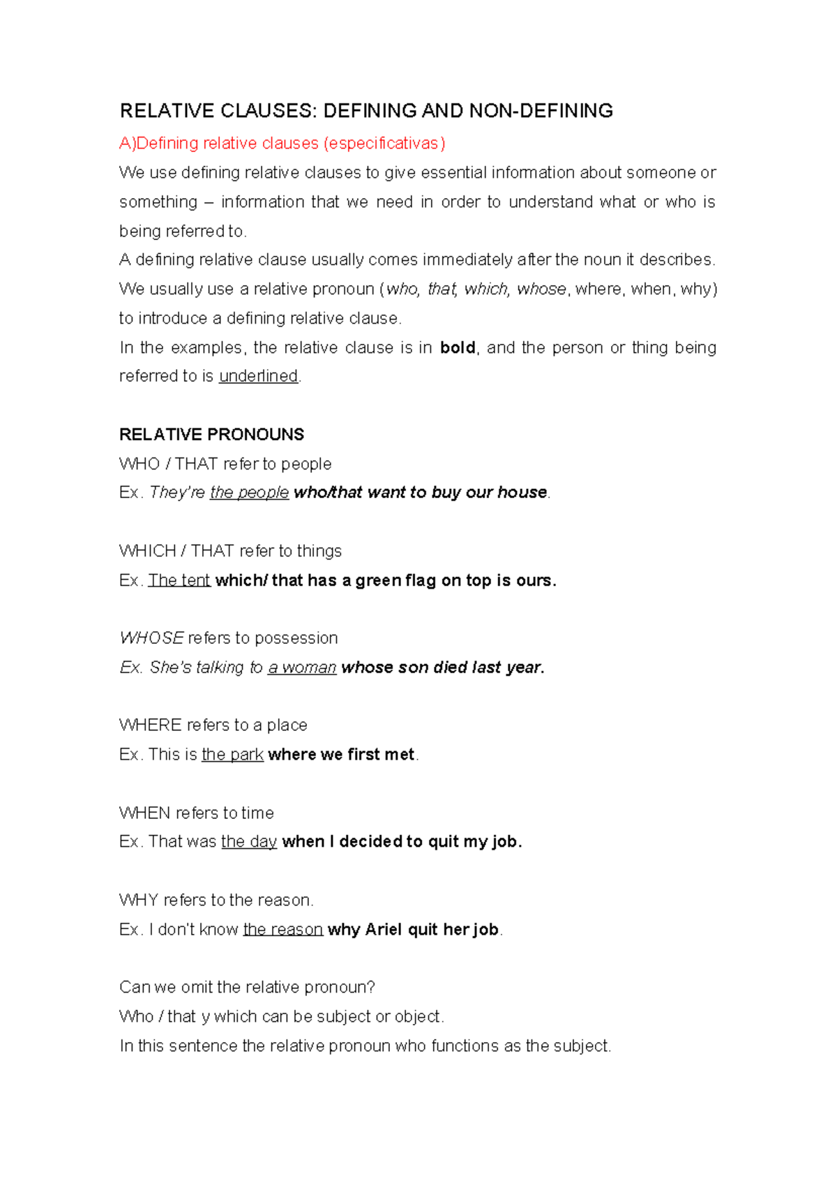 Relative clauses - Practica - RELATIVE CLAUSES: DEFINING AND NON ...