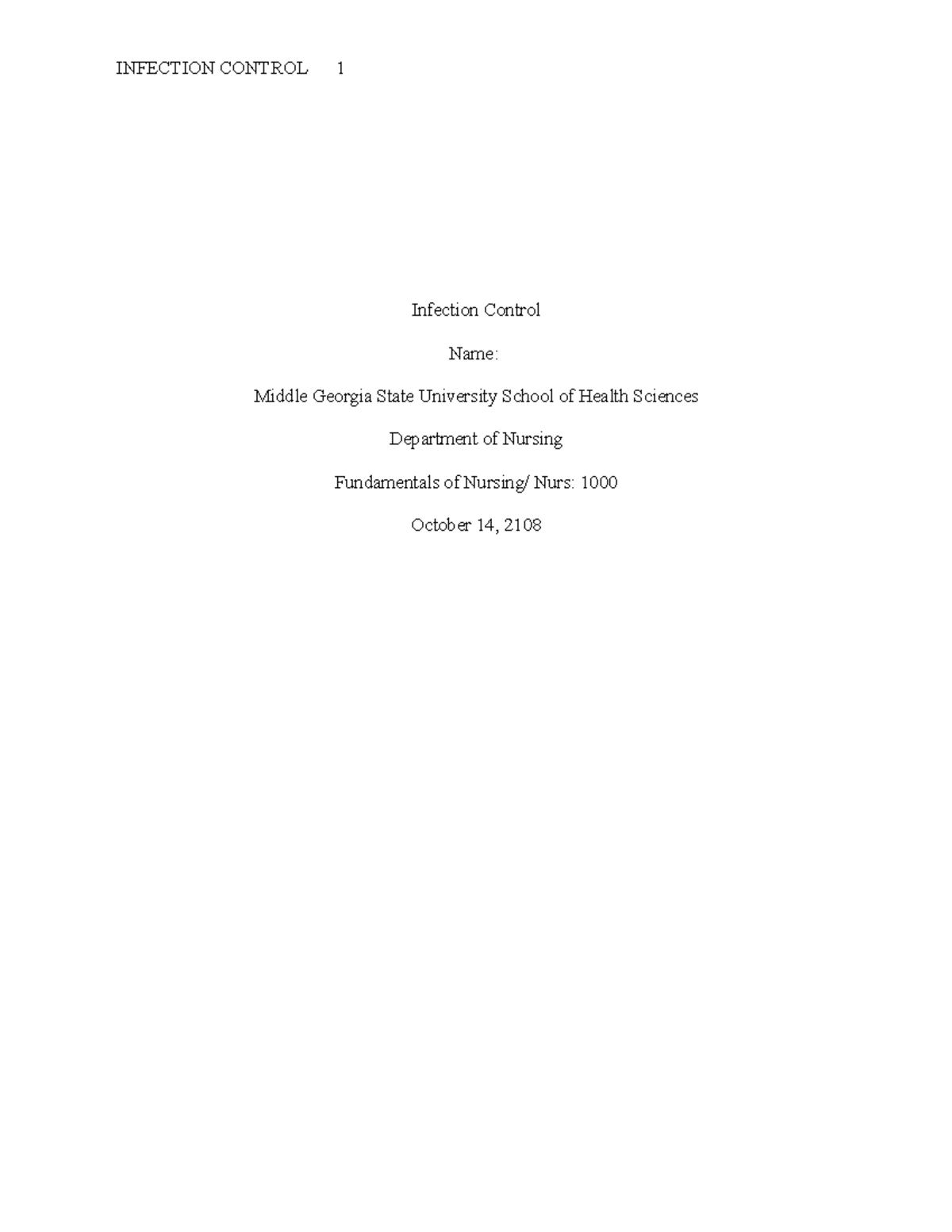 Infection Control Research Paper - Infection Control Name: Middle ...