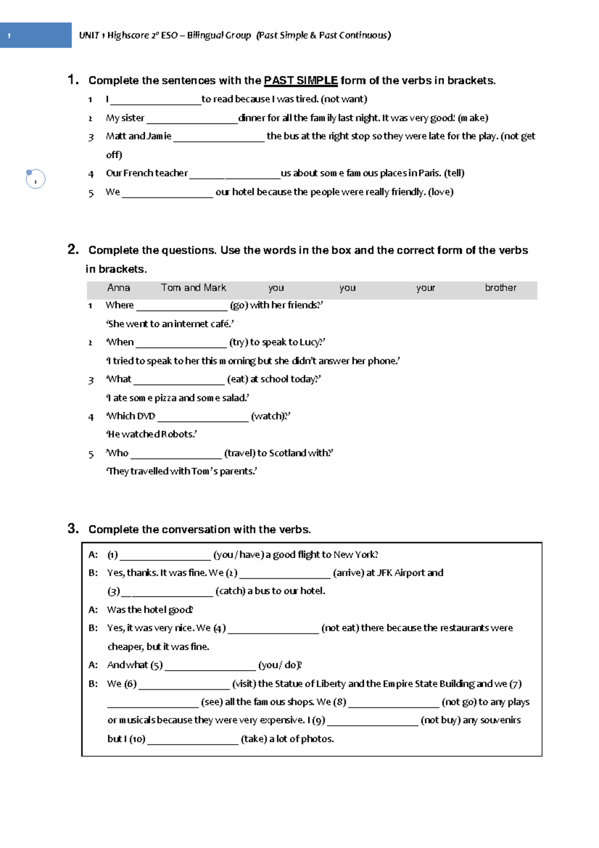 PAST Simple AND PAST Continuous - 1 UNIT 1 Highscore 2º ESO – Bilingual ...