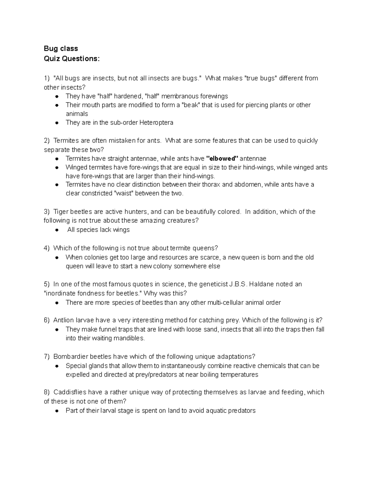 Insects Study Guide Exam 2 Bug class Quiz Questions "All bugs are