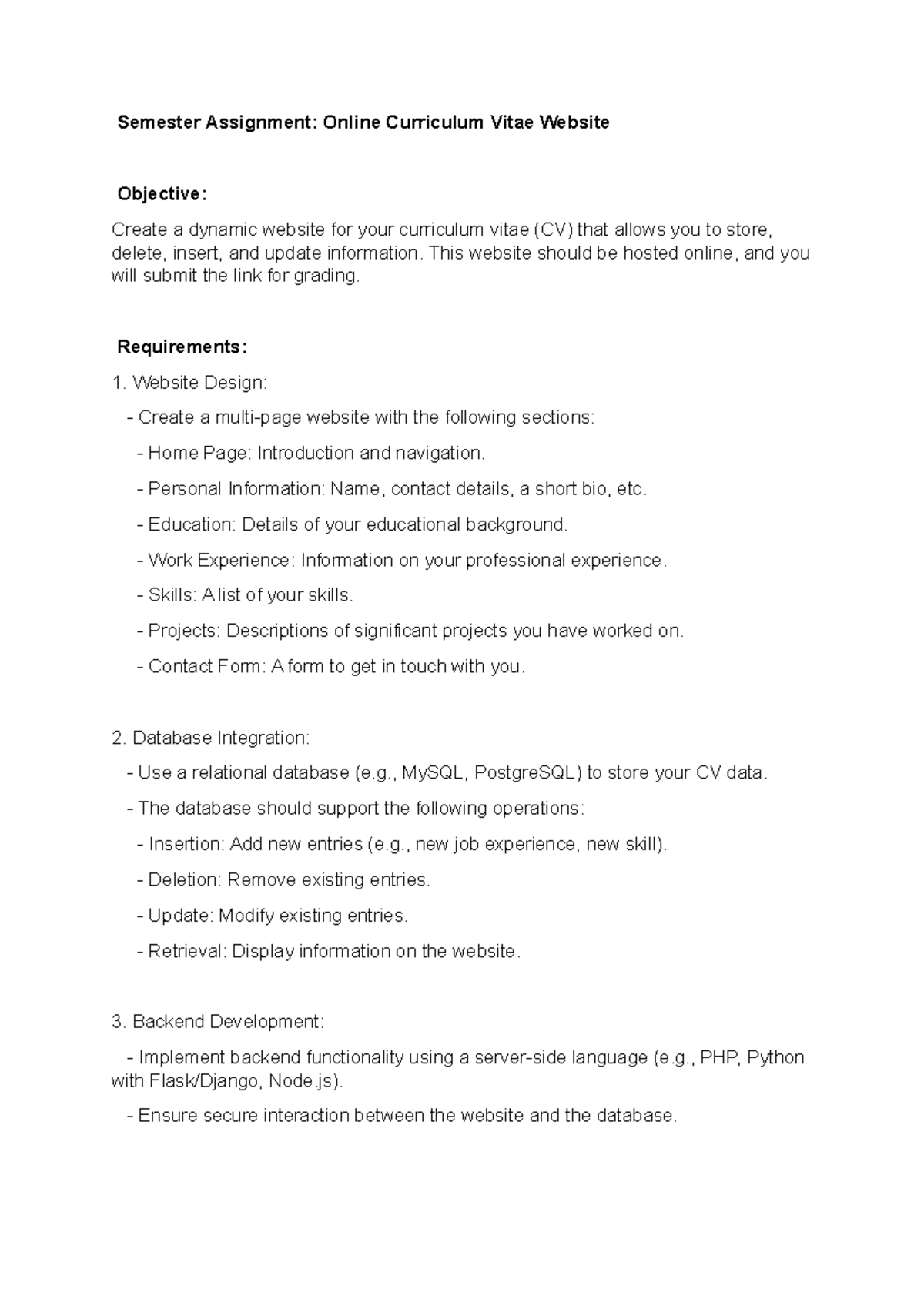 Semester Assignment - This website should be hosted online, and you ...