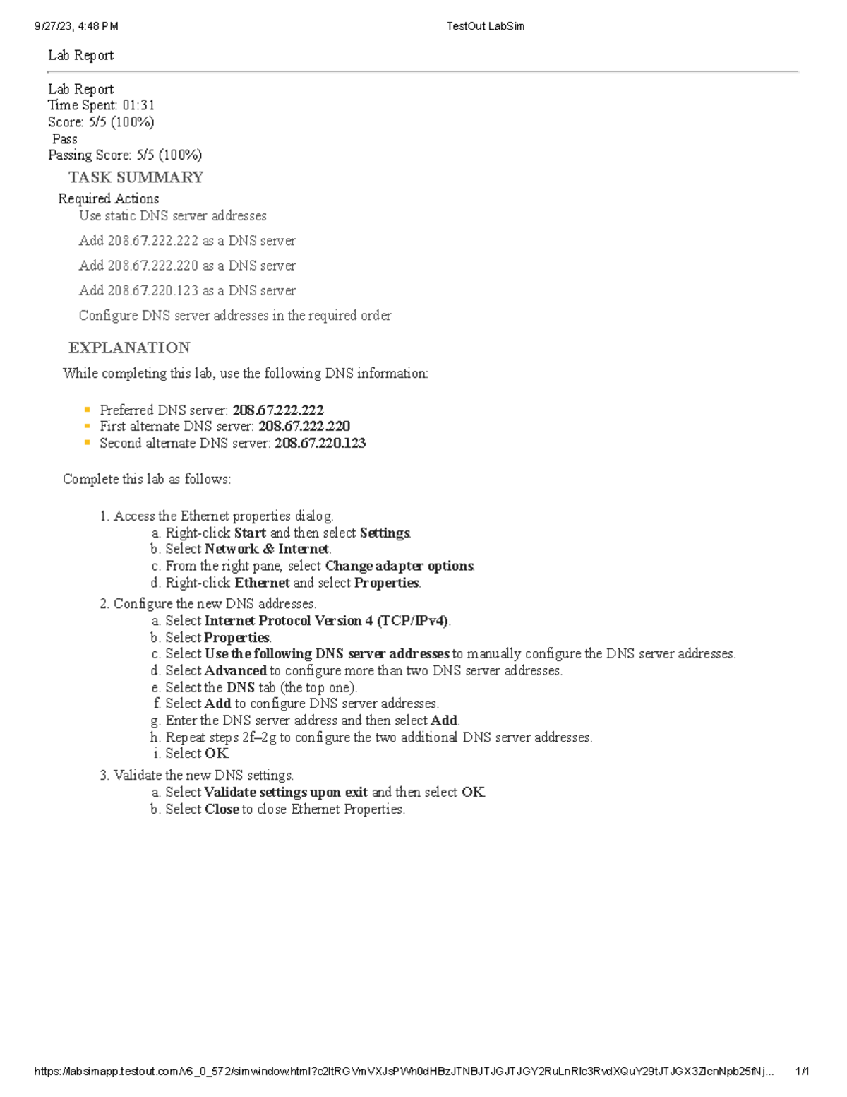 4.5.4 Configure DNS Addresses Lab - 9/27/23, 4:48 PM TestOut LabSim ...