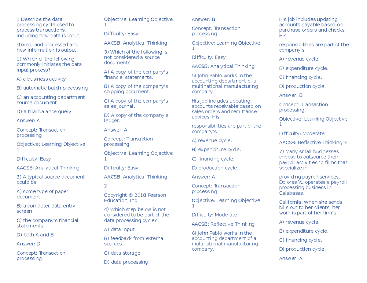 1 Describe the data processing cycle used to process transactions - 1 ...