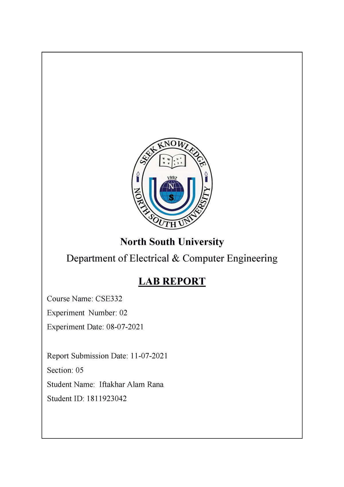 assignment cover page nsu