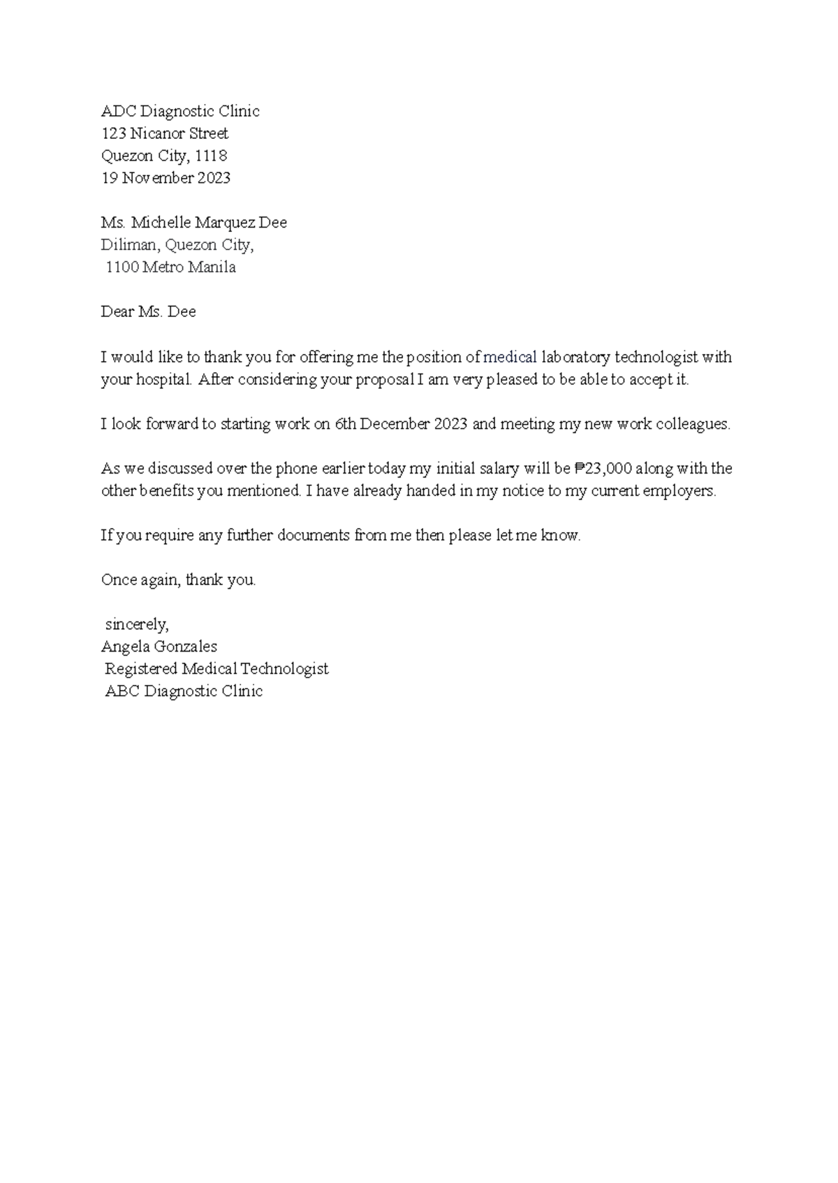 Example of Acceptance letter - ADC Diagnostic Clinic 123 Nicanor Street ...