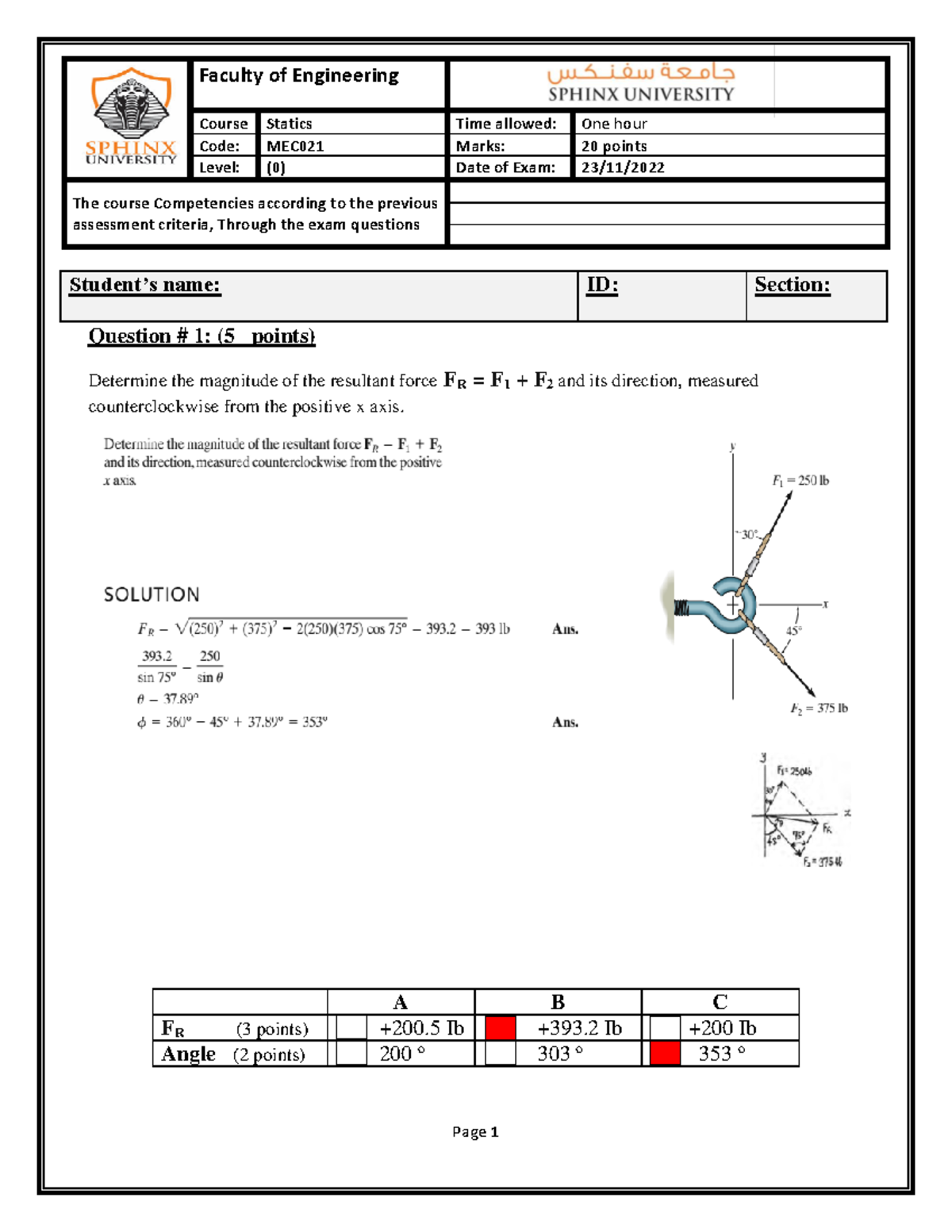 Model answer Mid term static 20221106 - Faculty of Engineering Course ...