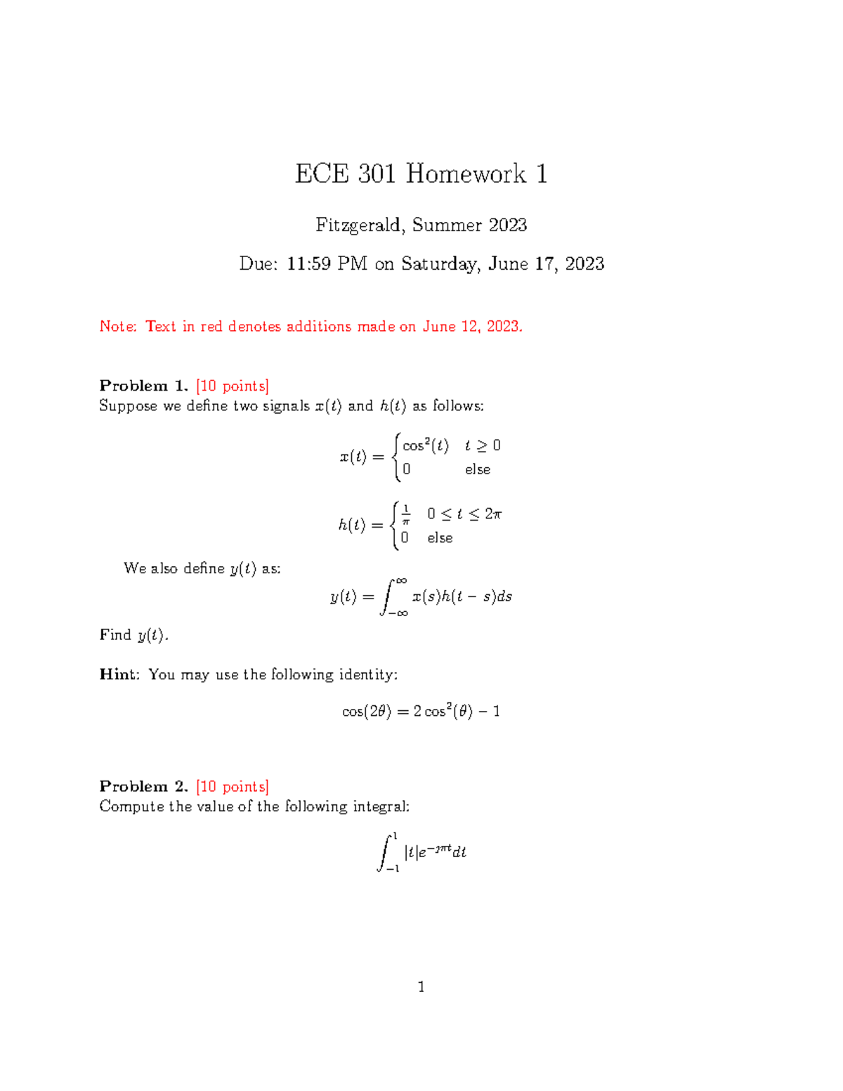 Homework 1 Updated 12Jun2023 - ECE 301 Homework 1 Fitzgerald, Summer ...