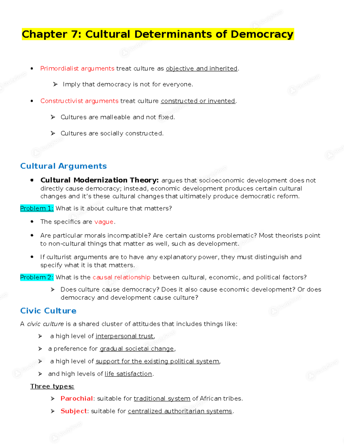 Exam study guide Chapter 7 Cultural Determinants of Democracy • Primordialist arguments treat