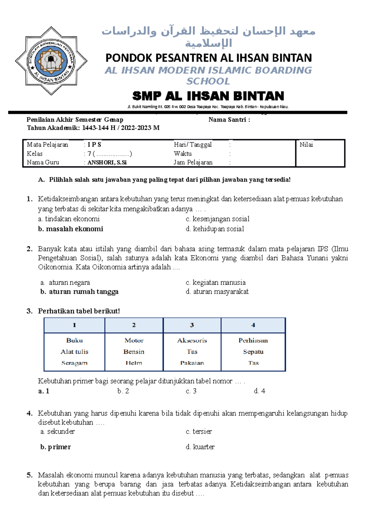 SOAL PAT IPS Kelas 7 - Bos - Penilaian Akhir Semester Genap Nama Santri ...