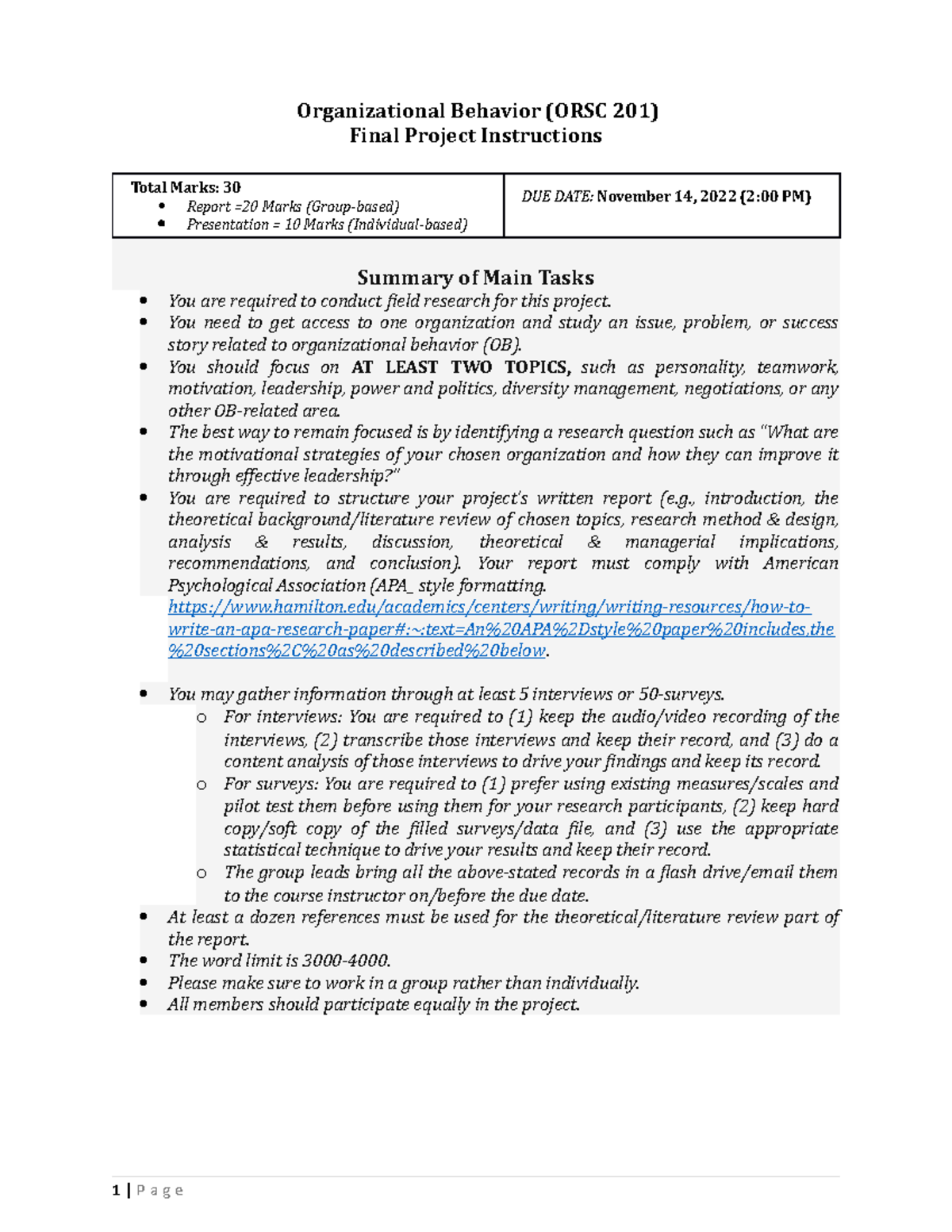 ORSC 201. Fi na l Project Instructions - Organizational Behavior (ORSC ...