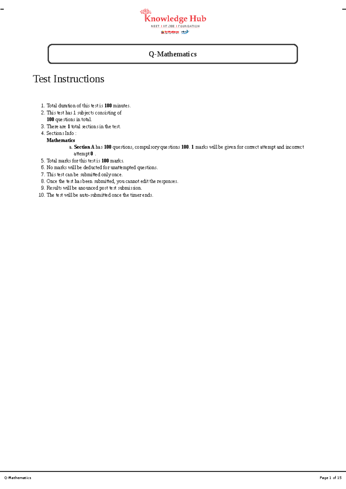 Mathematics 100 Questions - Q-Mathematics Test Instructions Total ...