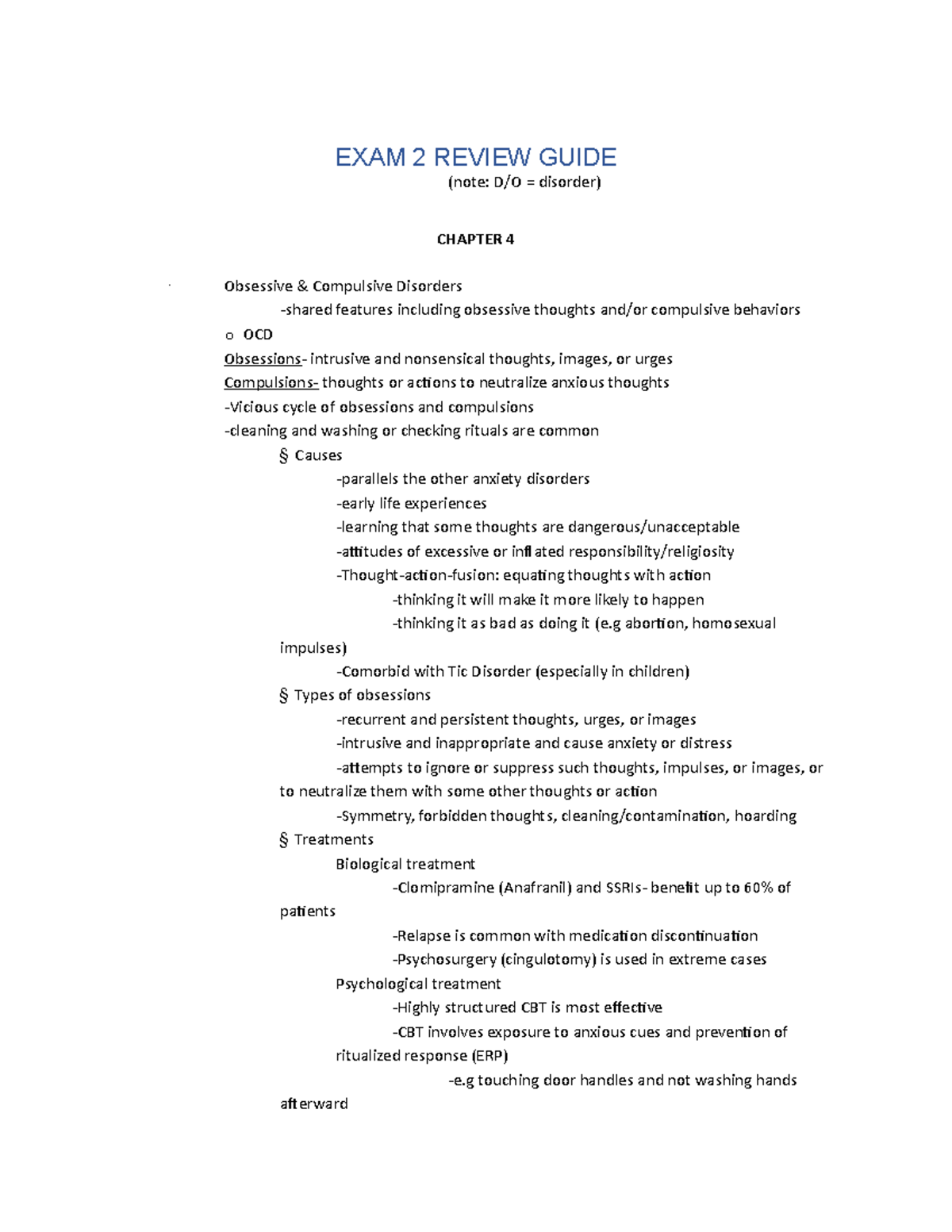Abnormal Psych Test 2 - EXAM 2 REVIEW GUIDE (note: D/O = disorder ...