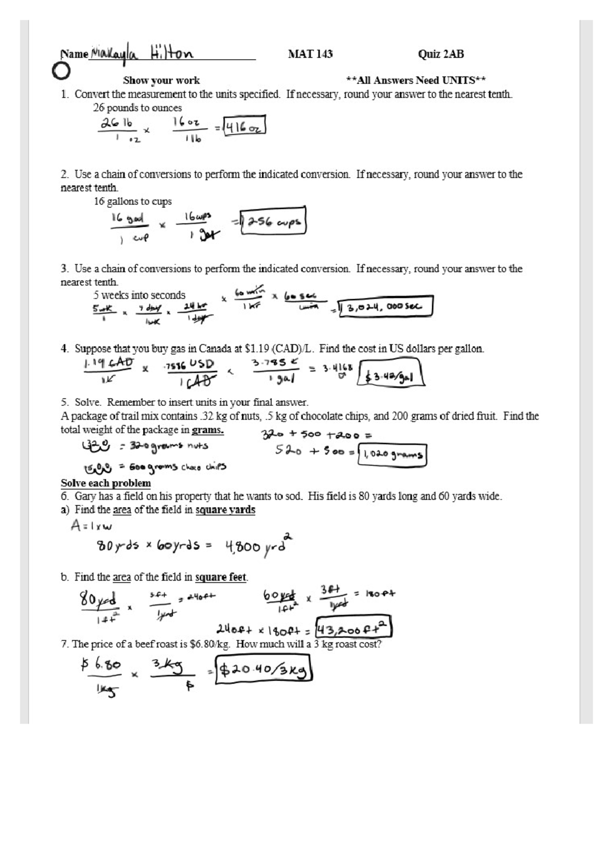 Quiz 2AB - Document has the shown work for all answers. - MAT 143 ...