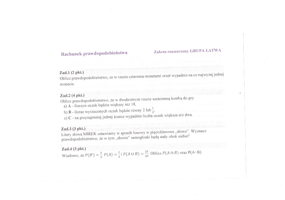 Matematyka 2 Zakres Rozszerzony Sprawdzian - Rachunek prawdopodobieństwa Zakres rozszerzony Sprawdzian - Matematyka