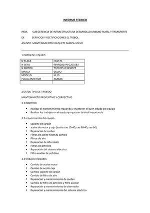 Informe Tecnico volvo - INFORME TECNICO PARA SUB GERENCIA DE  INFRAESTRUCTURA DESARROLLO URBANO-RURAL - Studocu