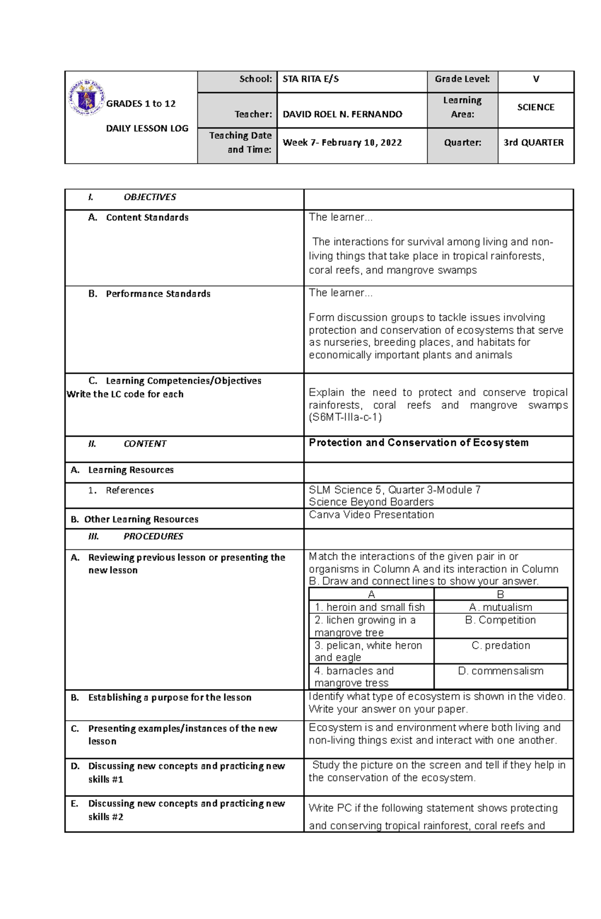 1st COT 2nd Quarter science 6 - GRADES 1 to 12 DAILY LESSON LOG School ...