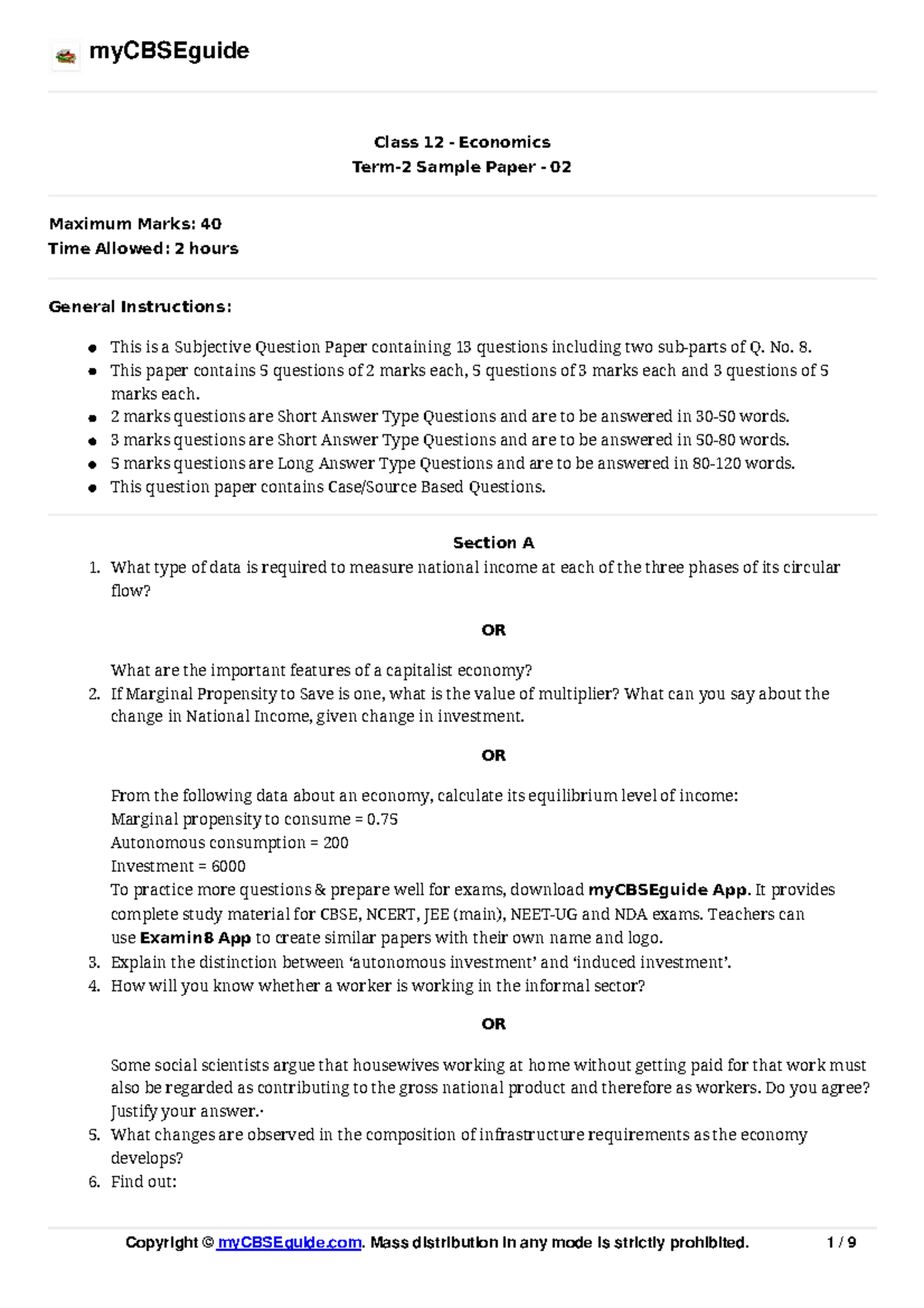 12 economcis t2 sp02 - very hard paper - Class 12 - Economics Term-2 ...