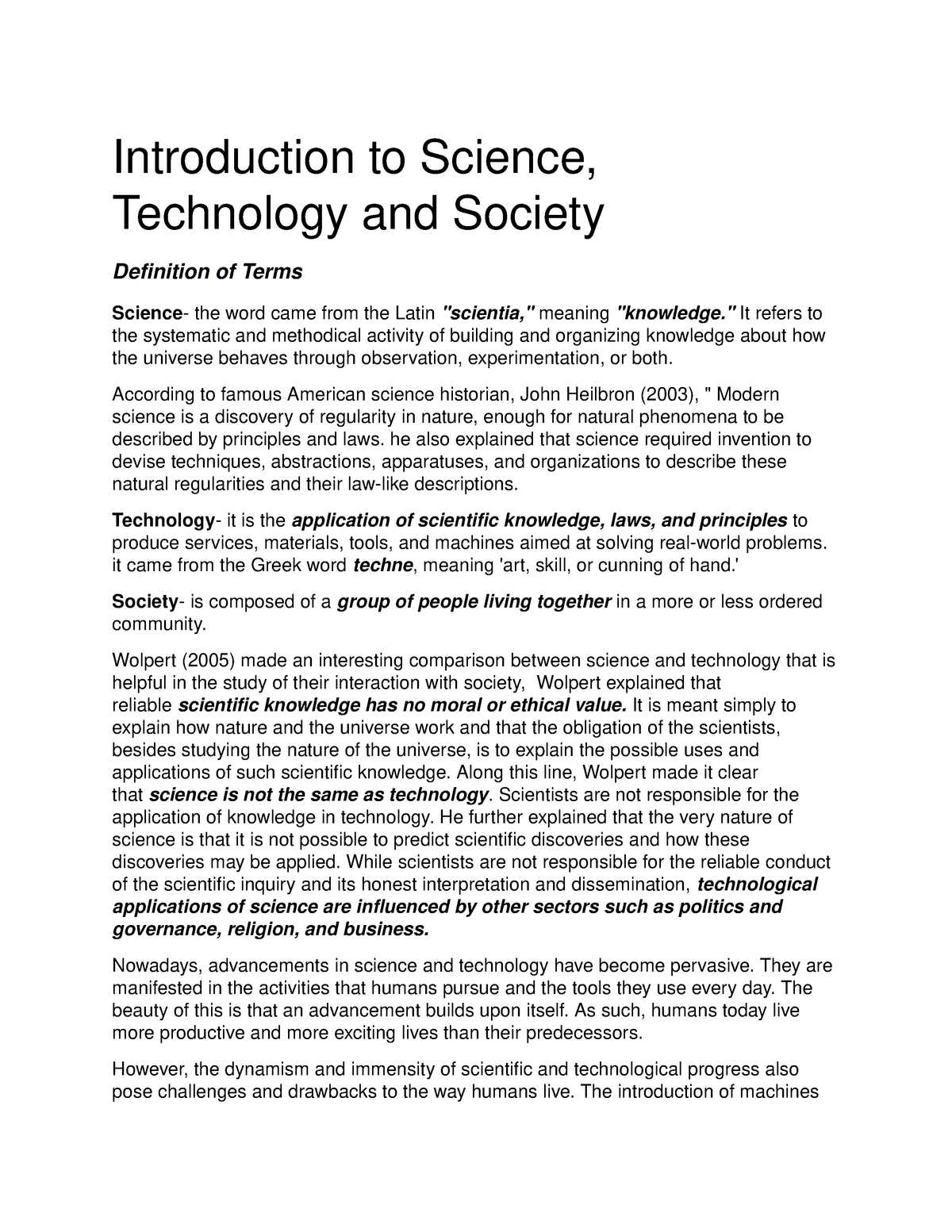 introduction to science technology and society essay