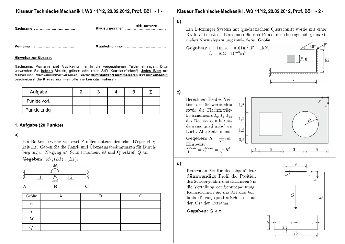 Klausur 4 - Wintersemester 11/12 - Technische Mechanik 1 - «Nummer ...