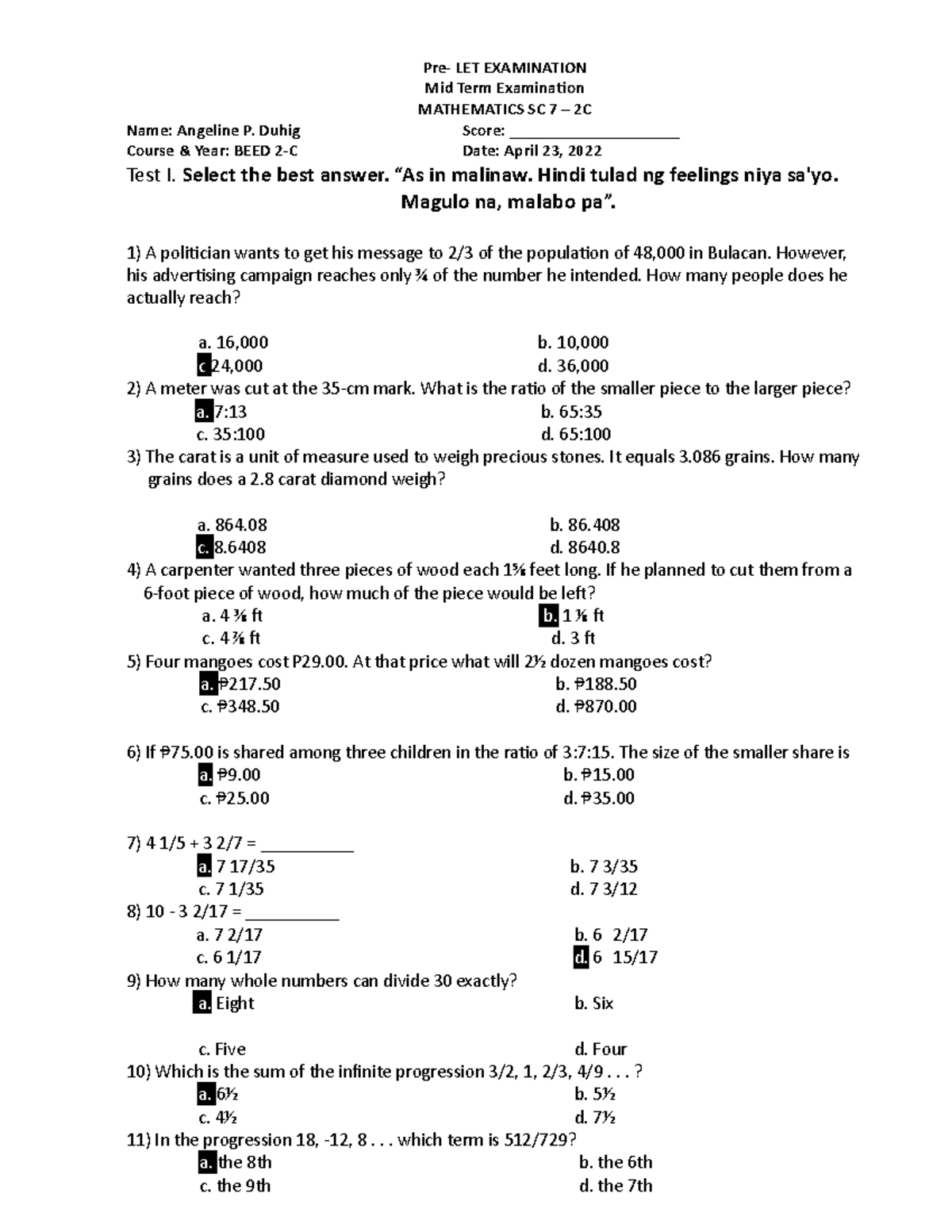 Pre LET Examination Mid Term 2C - Pre- LET EXAMINATION Mid Term ...