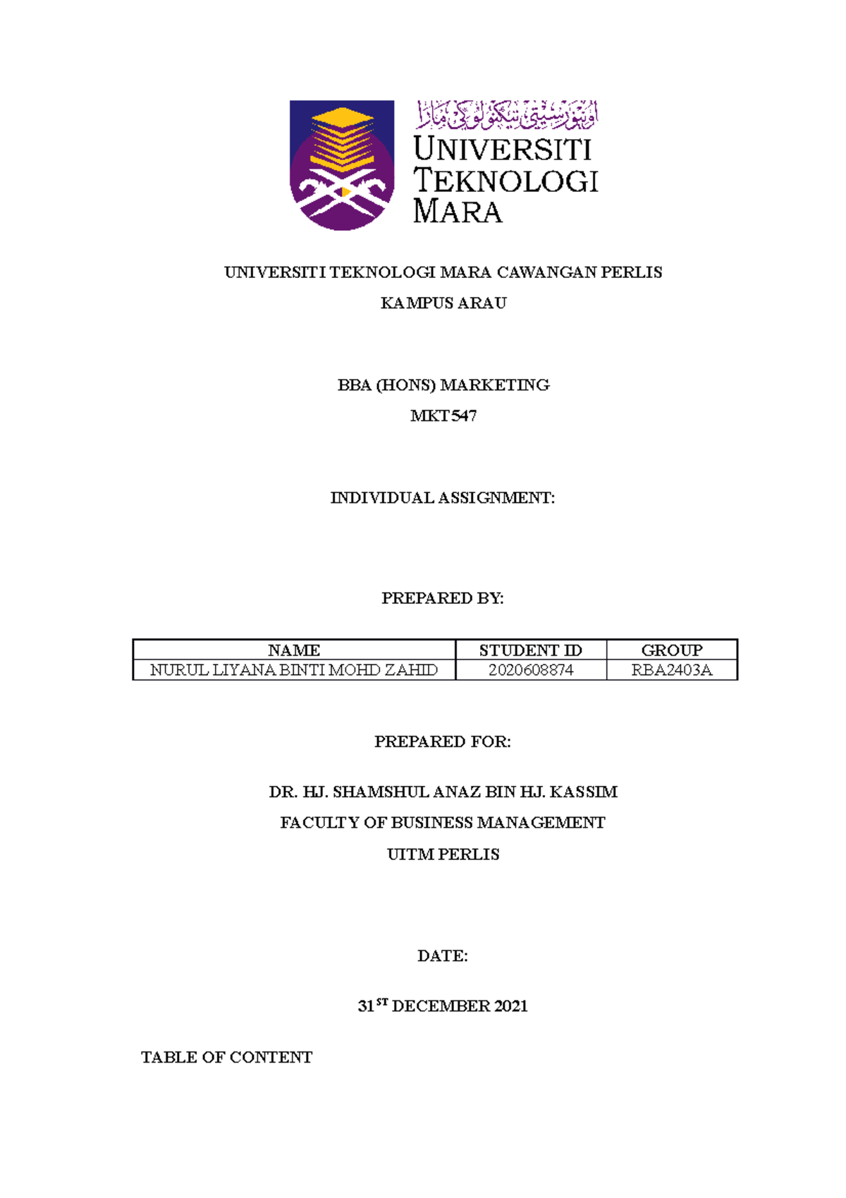 Individual Assignment (kfc) - Universiti Teknologi Mara Cawangan Perlis 