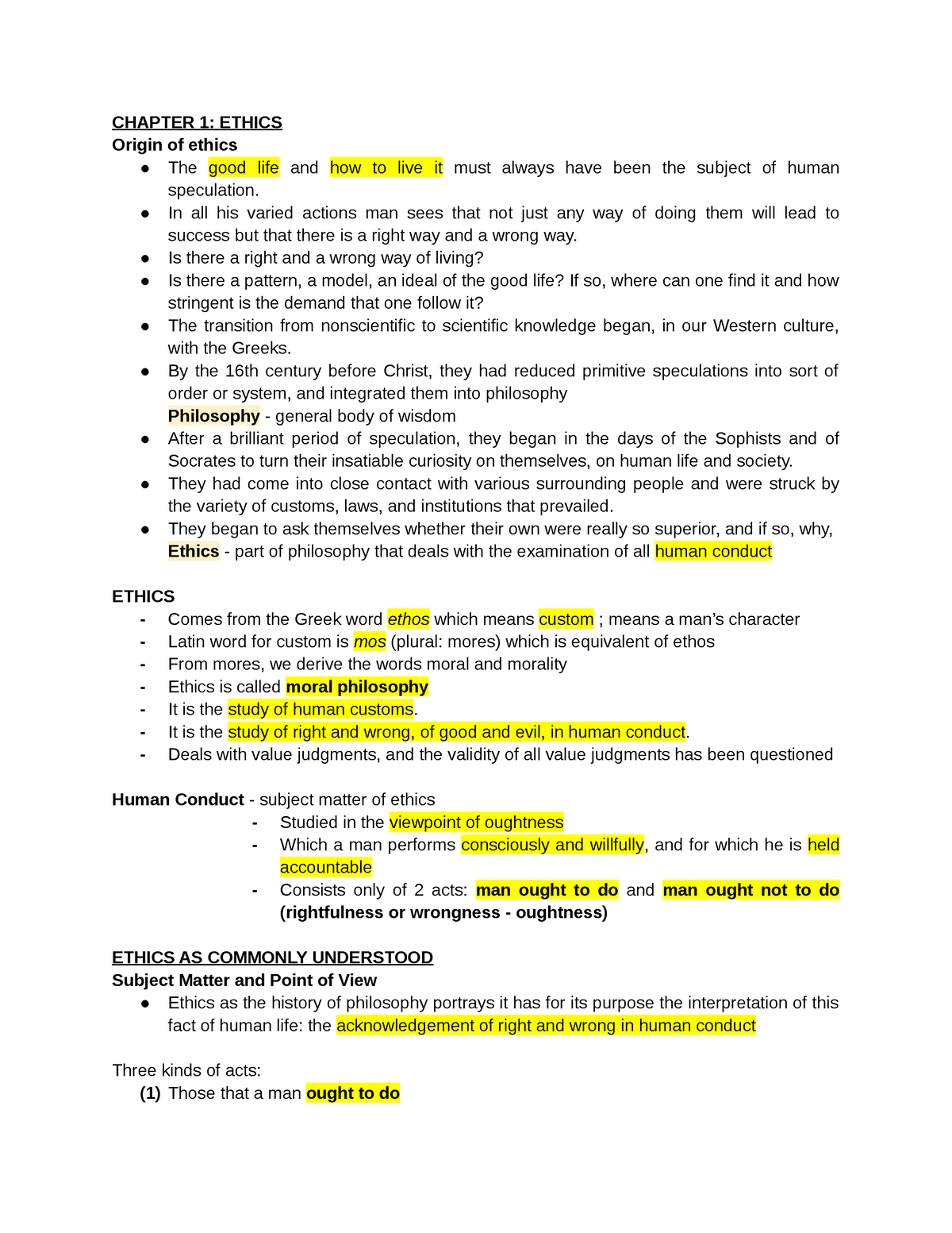 Ethics CHAP 1 5 - None - CHAPTER 1: ETHICS Origin Of Ethics The Good ...