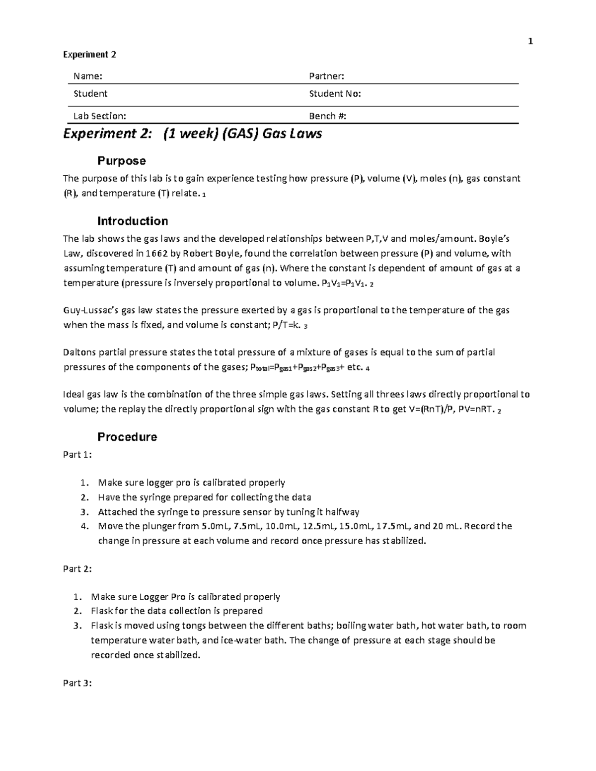 Gas Laws lab lab report 1 Experiment 2 Name Partner Student