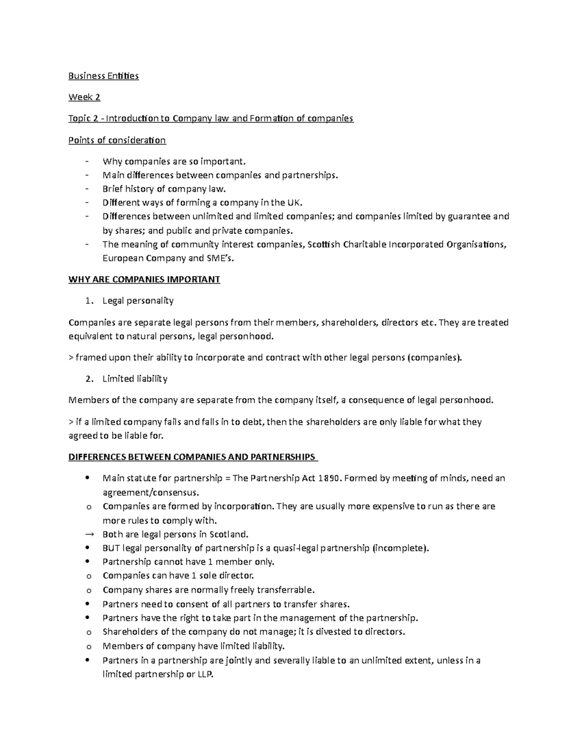 Topic 2 - Company law and formation of companies - Business Entities ...
