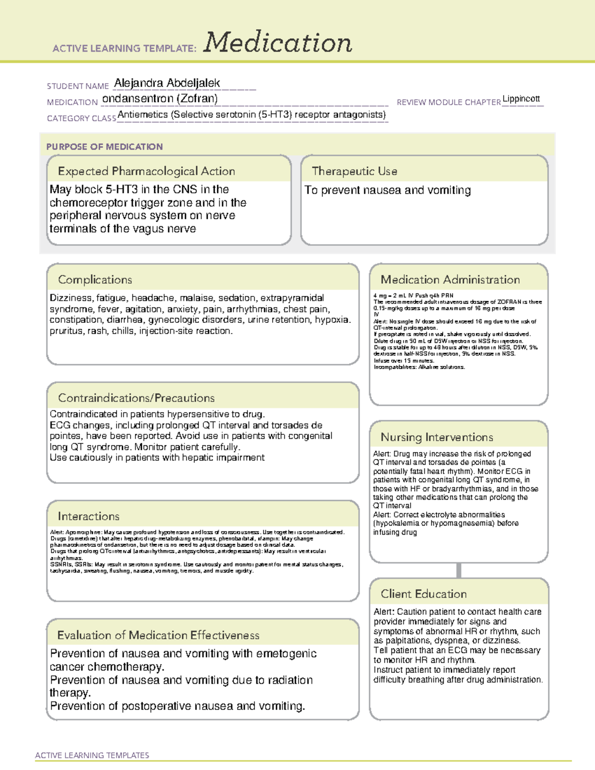 ATI Medication Form ondansetron clinicals ACTIVE LEARNING TEMPLATES