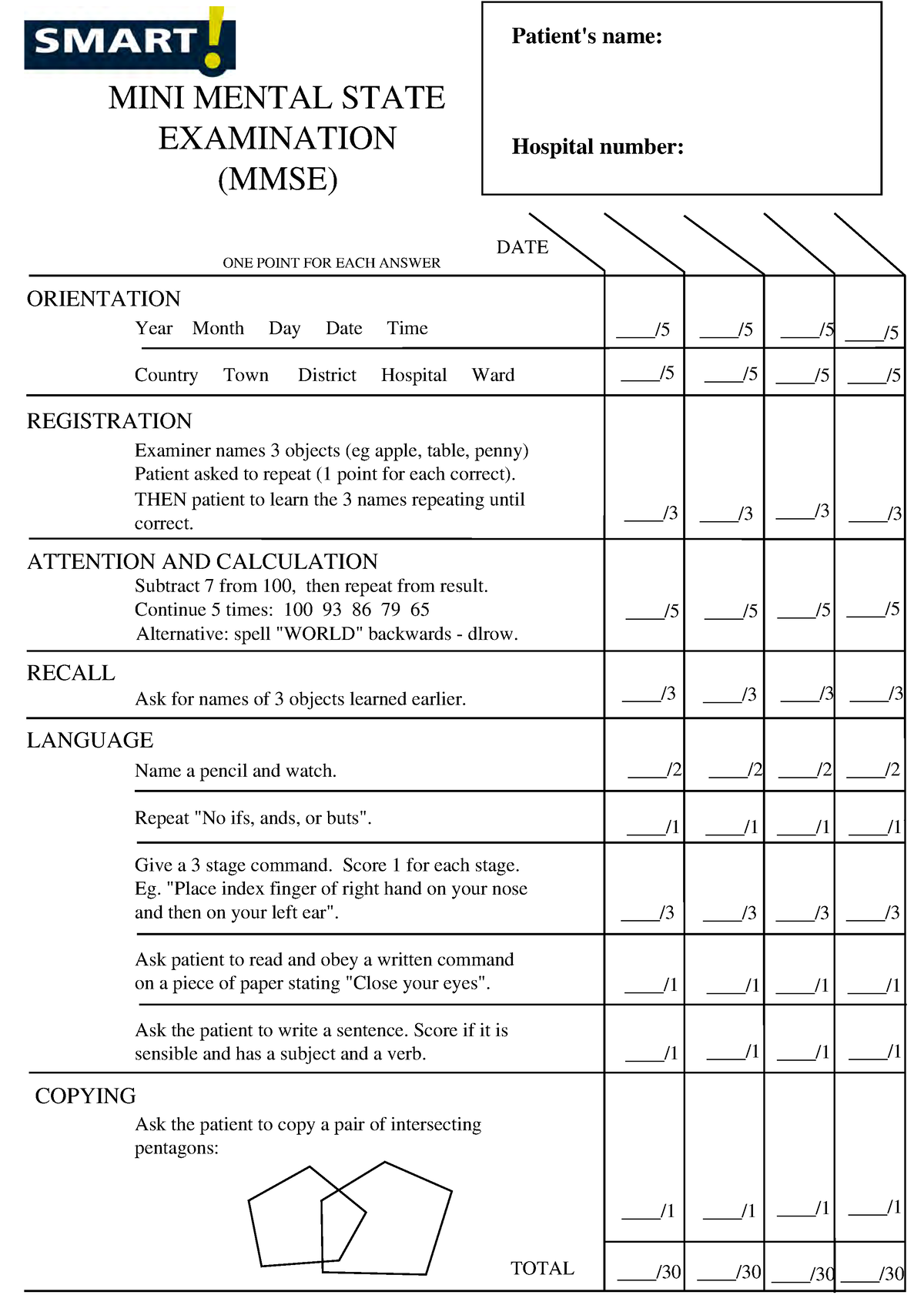 Mini Mental State Exam - MMSE - MINI MENTAL STATE EXAMINATION (MMSE ...