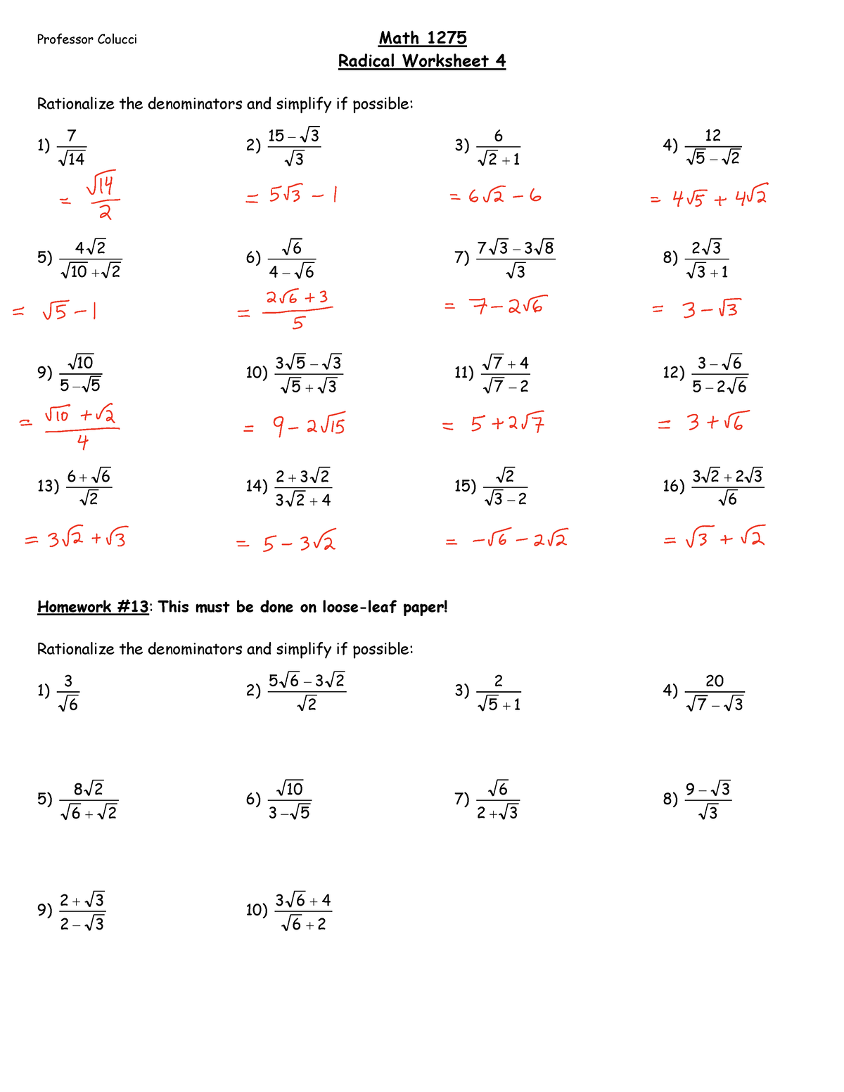 13 Radical Ws4 - Professor Colucci Math 1275 Radical Worksheet 4 