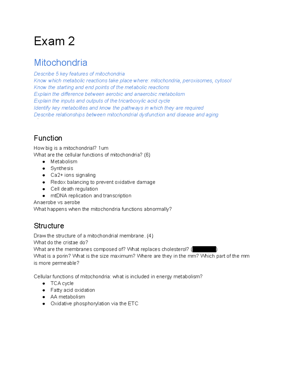BIOL303 exam 2 outline pt I cellular respiration - Exam 2 Mitochondria ...