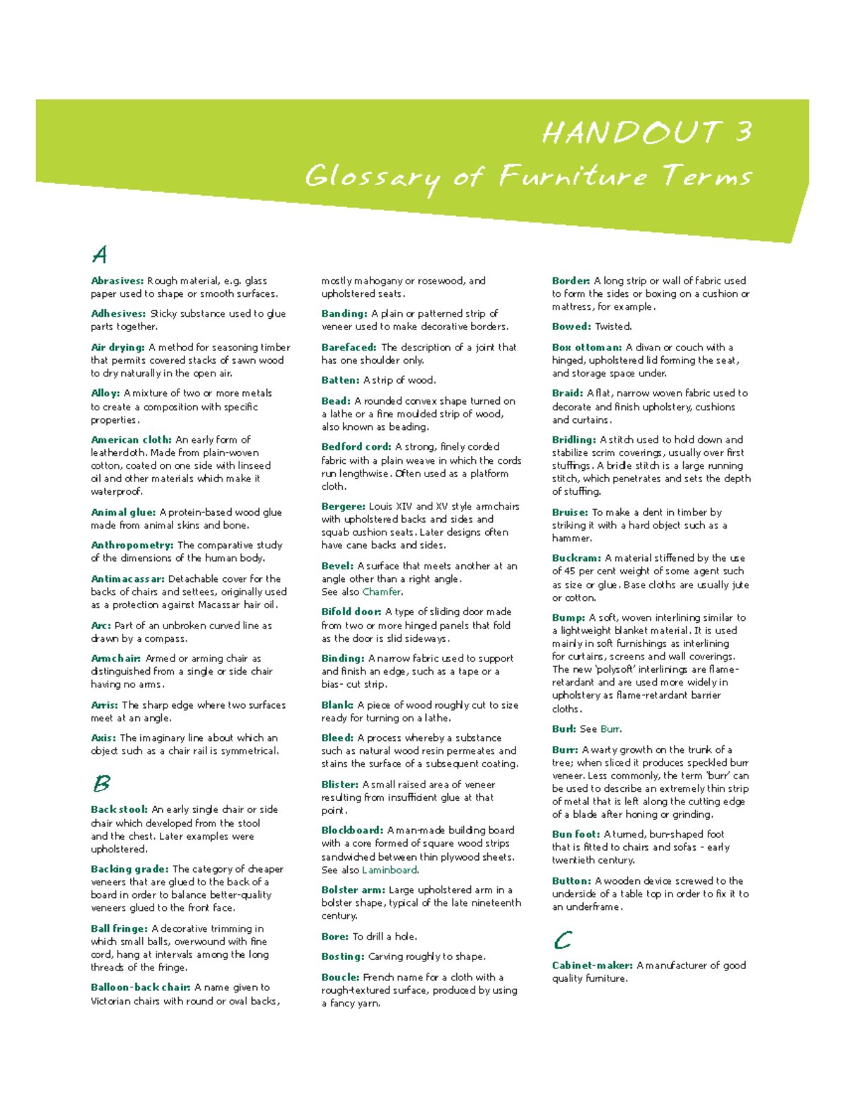 Furniture design p1 HANDOUT 3 Glossary of Furniture Terms Abrasives