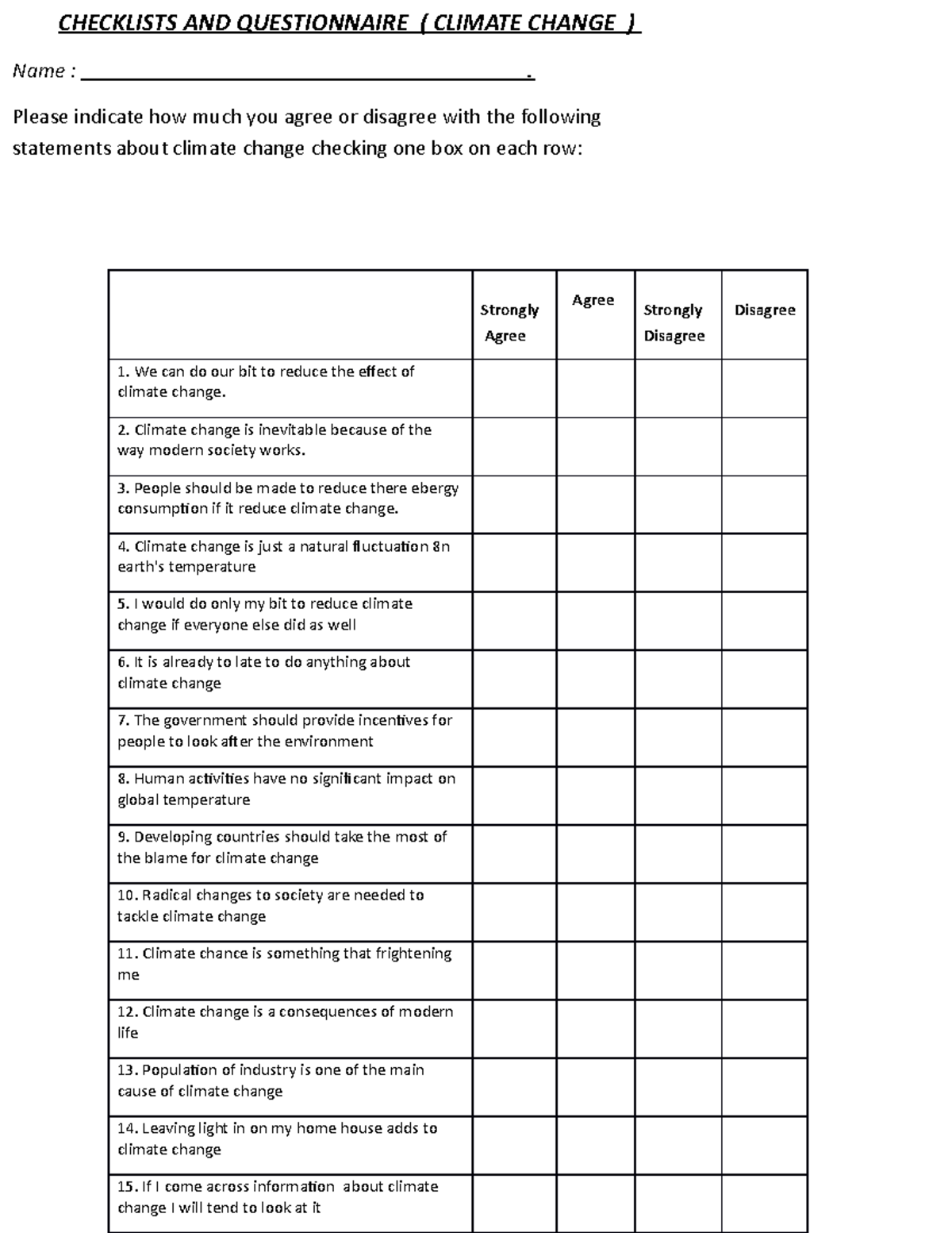 Checklistquestionnaire - Strongly Agree Agree Strongly Disagree ...