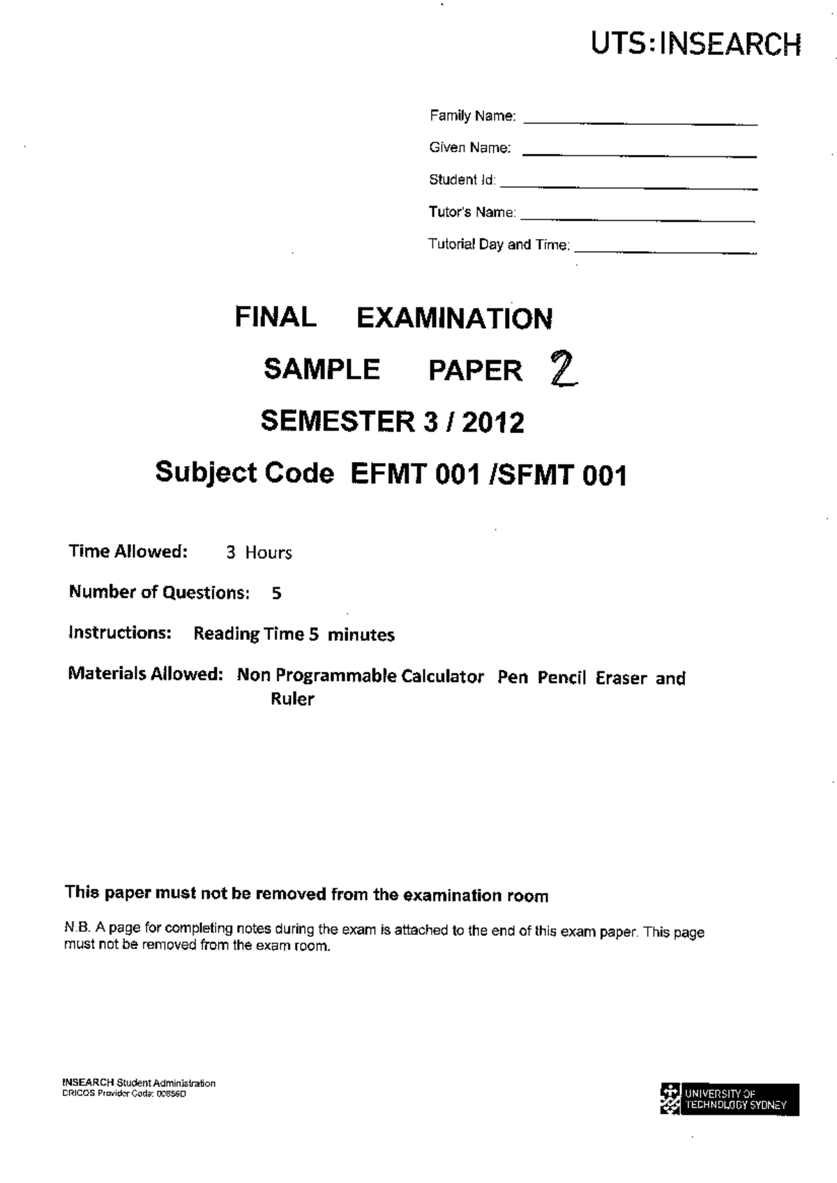 Sample/practice exam 2016, questions - UTSHNSEARCH Family Name: Given ...