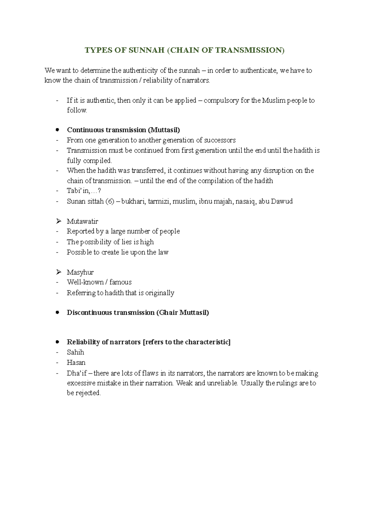 Types OF Sunnah - TYPES OF SUNNAH (CHAIN OF TRANSMISSION) We want to ...