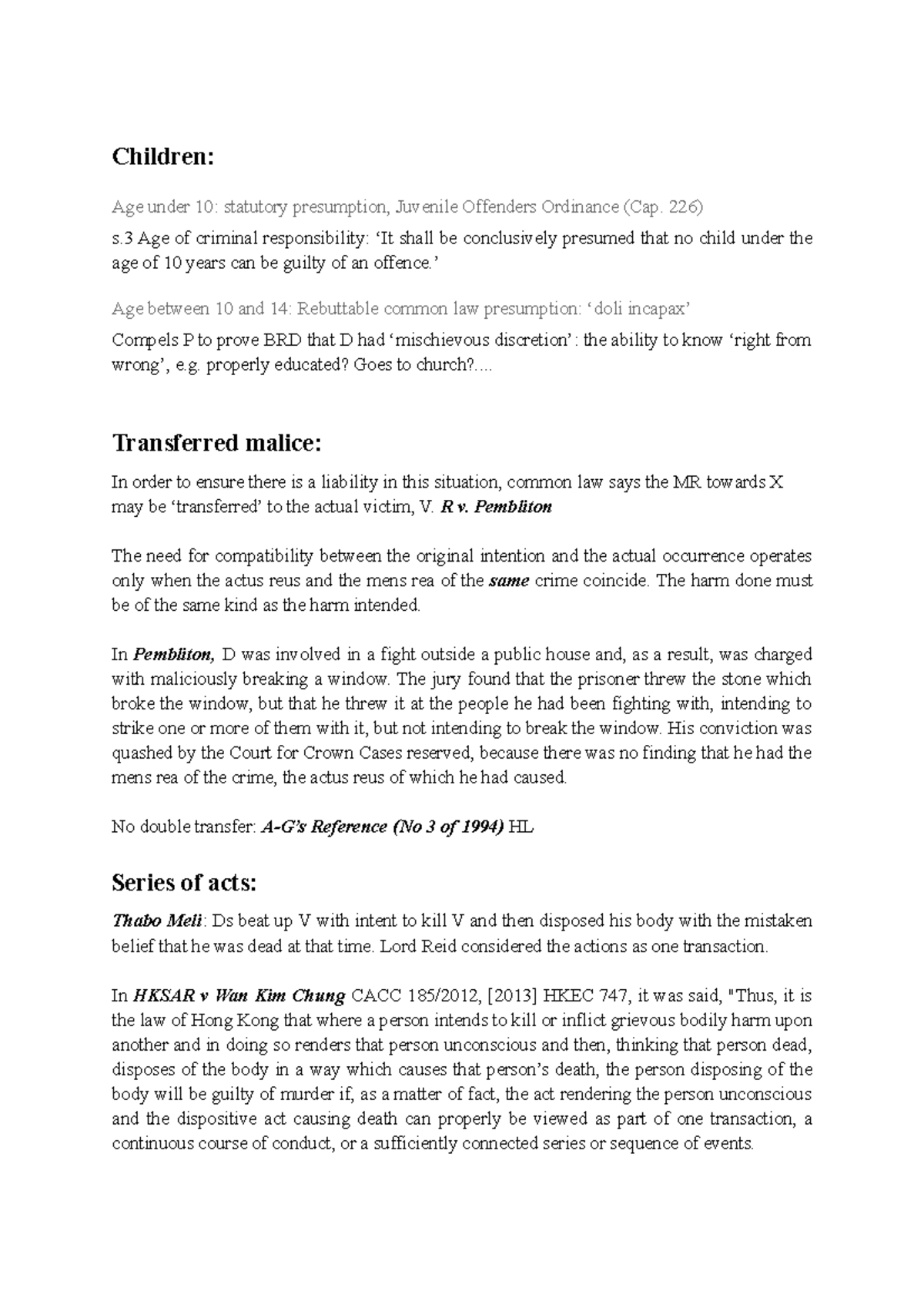 Criminal Exam note - note - Children: Age under 10: statutory ...