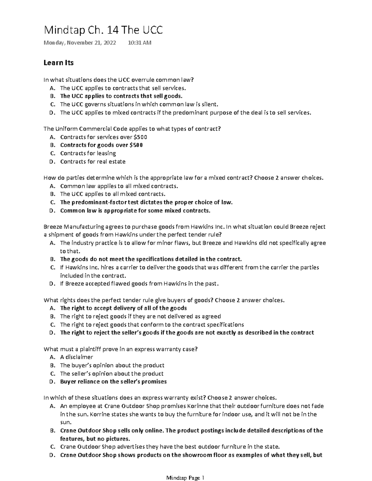 Mindtap Ch. 14 The UCC Learn Its In what situations does the UCC