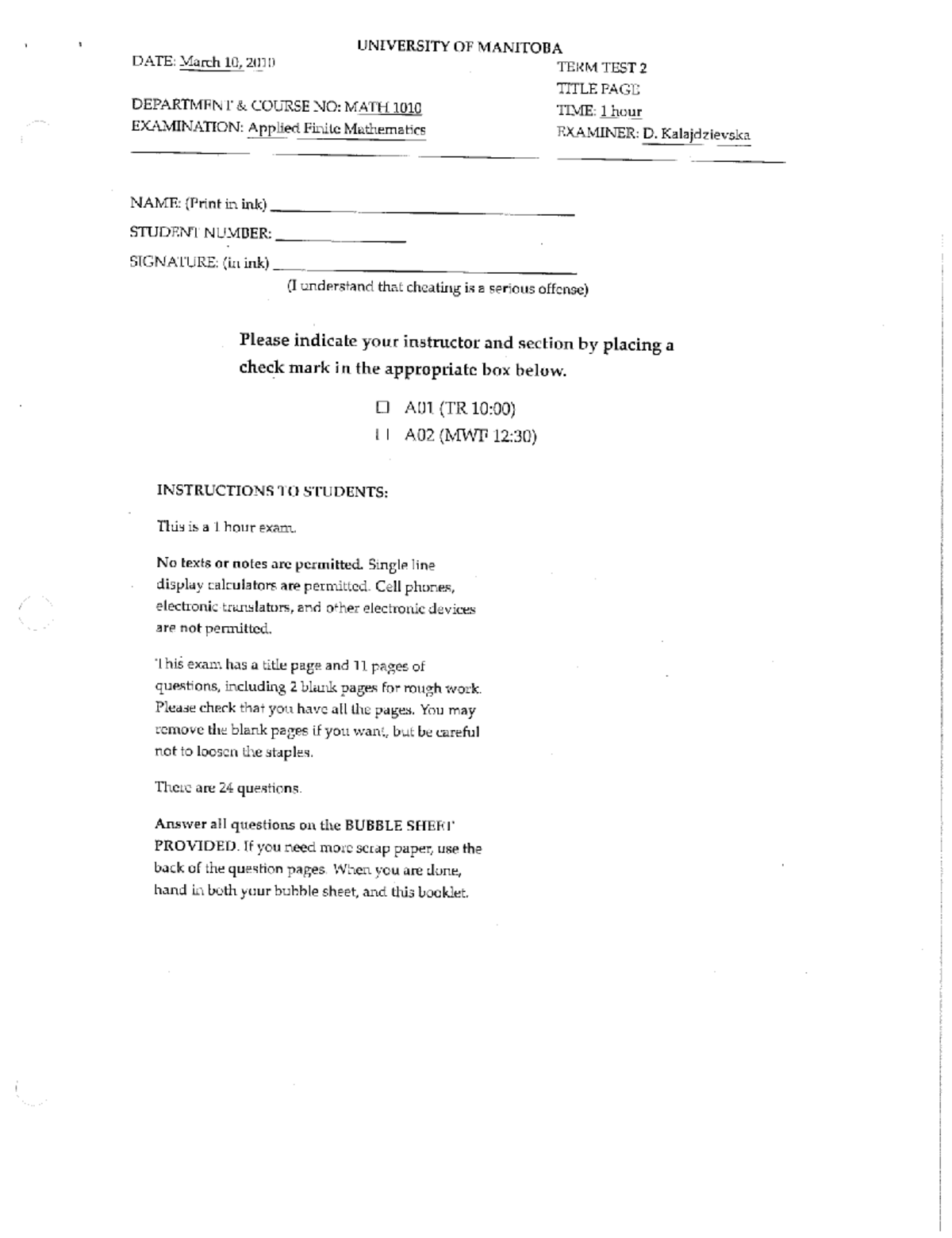Exam 10 March 2010, questions - term test 2 - MATH 1010 - Studocu
