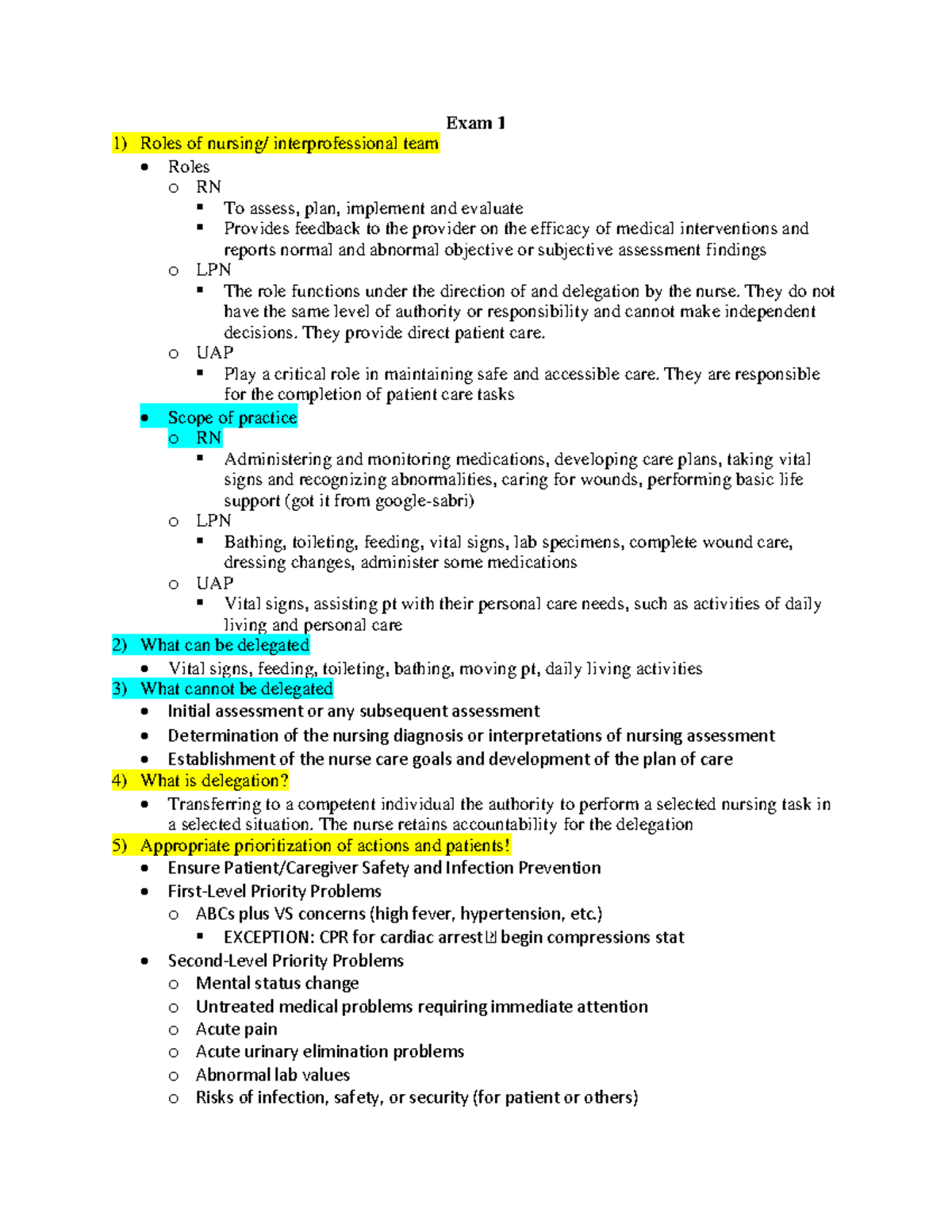 Med Surg 2 Exam 1 - Notes - Exam 1 Roles Of Nursing/ Interprofessional ...