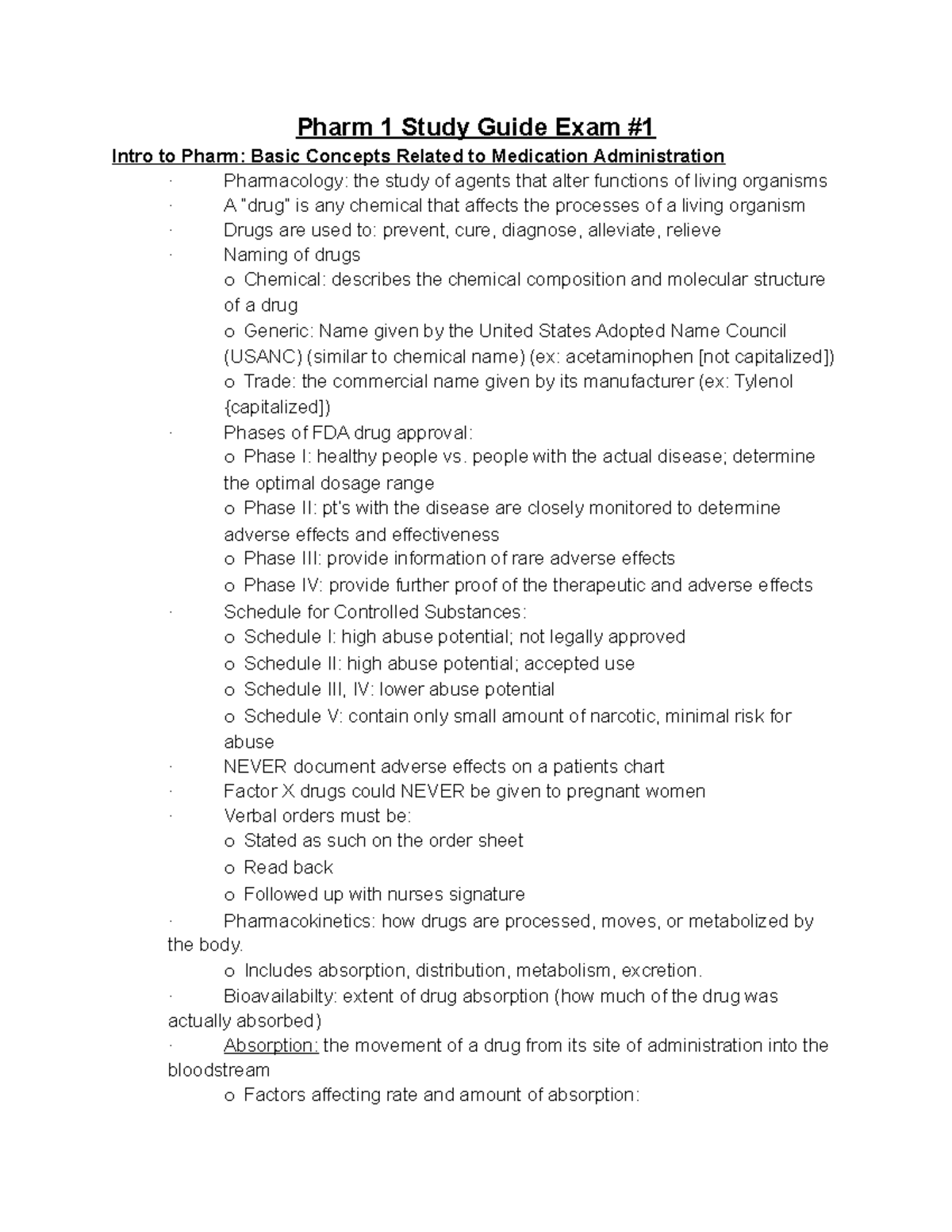 PE1 - Lecture notes - Pharm 1 Study Guide Exam Intro to Pharm: Basic ...